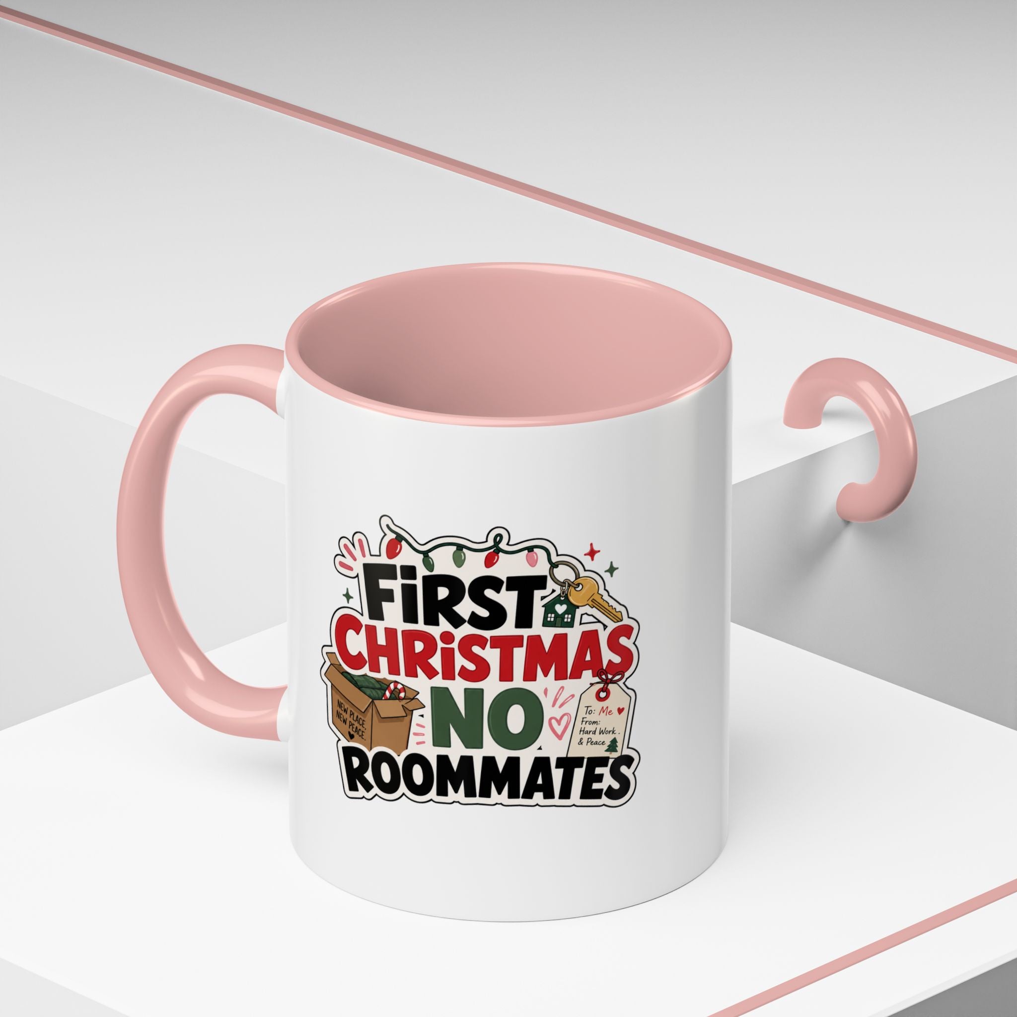 Modern Day Christmas First Christmas No Roommates Accent Coffee Mug — Funny Holiday Gift for New Homeowners & Dorm Residents
