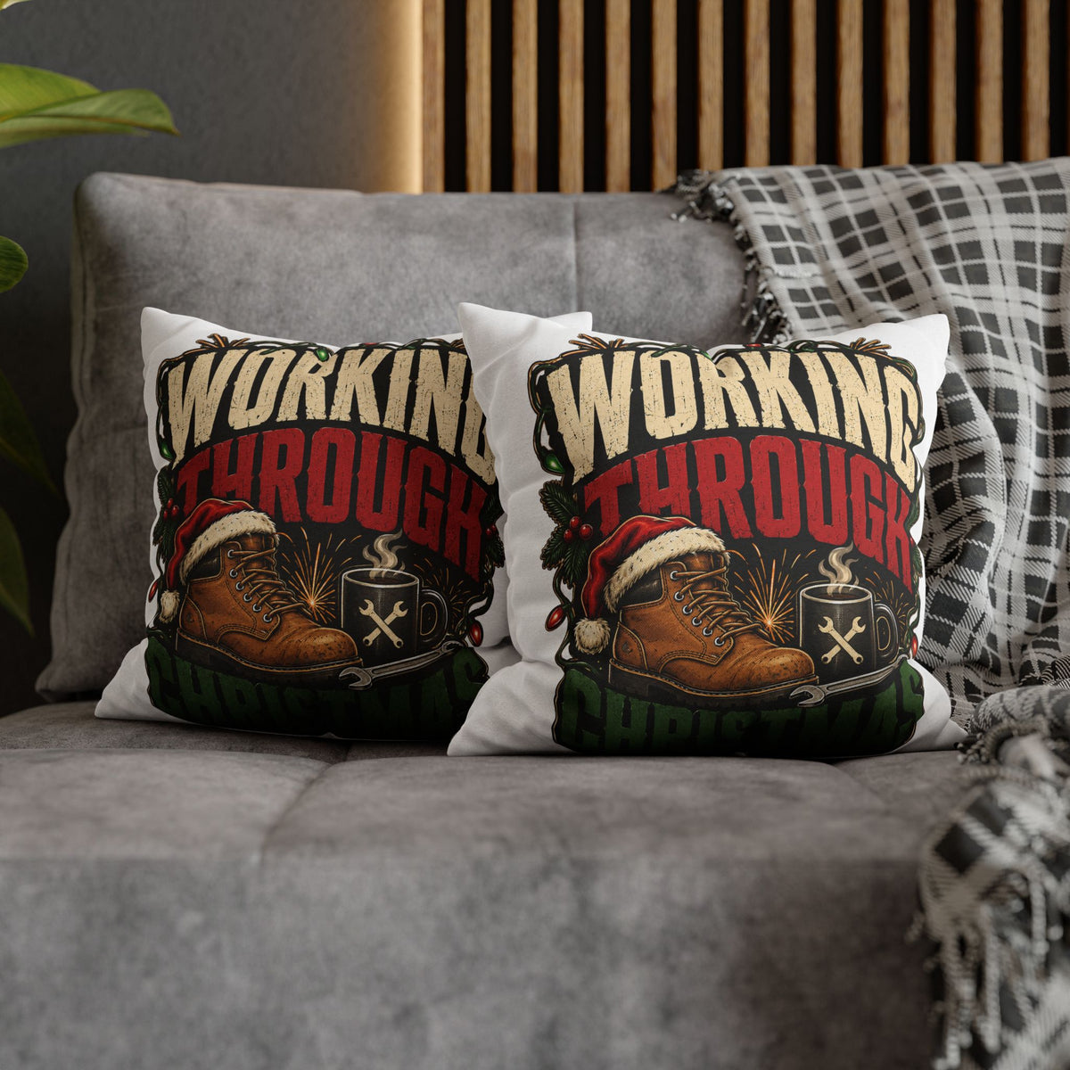 Christmas Work Boots Pillowcase Modern Day Christmas  – "Working Through Christmas" Holiday Throw Pillow Cover