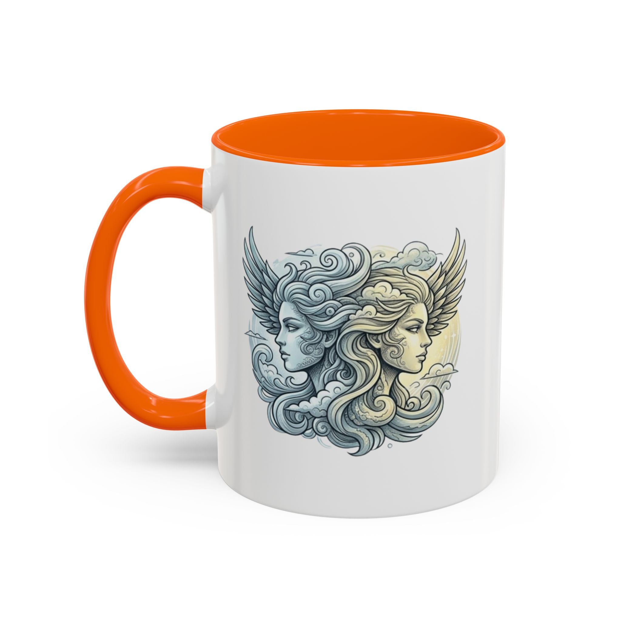 Gemini Twins Accent Coffee Mug — Sun & Moon Winged Faces Illustration