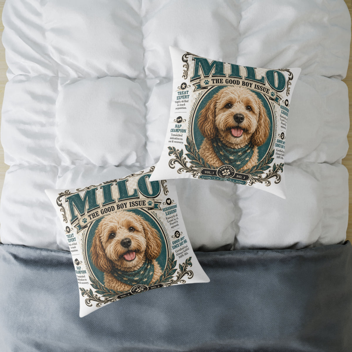 Personalized Dog Pillow - "Milo The Good Boy Issue" Decorative Pet Portrait Cushion  Milo Bailey Dog Dad Mom