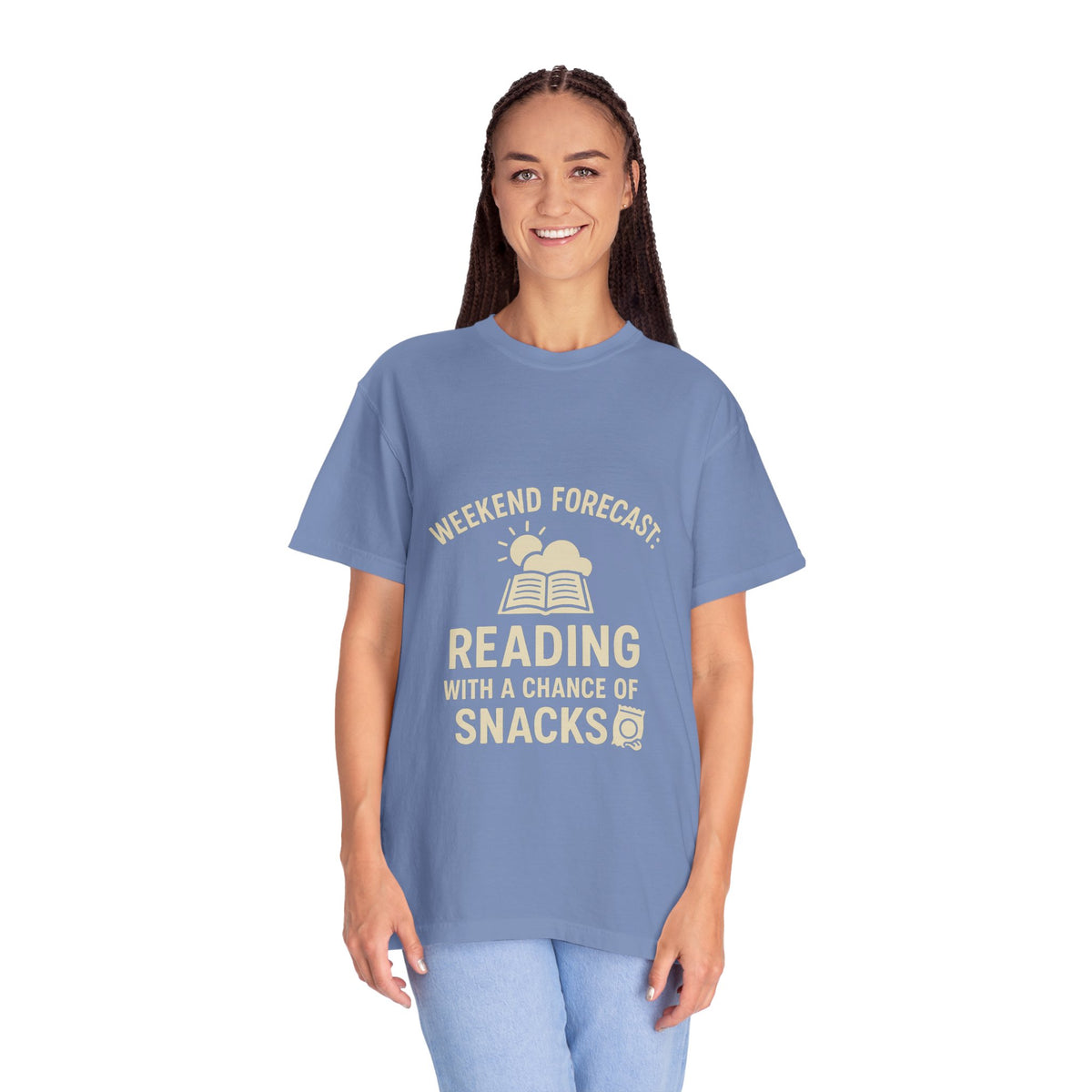 Reading & Snacks T-Shirt — "Weekend Forecast: Reading with a Chance of Snacks" - Trending Now - October 2026