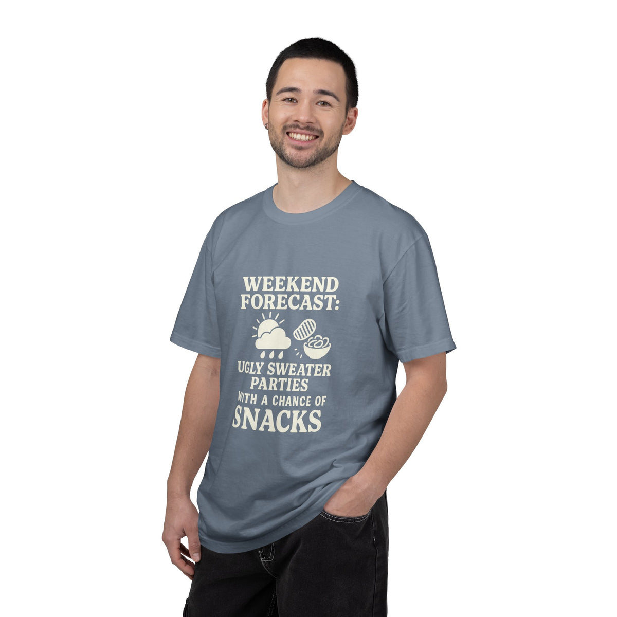 Weekend Forecast T-Shirt — "Ugly Sweater Parties with a Chan of Snacks" Holiday Tee - Trending Now - October 2026