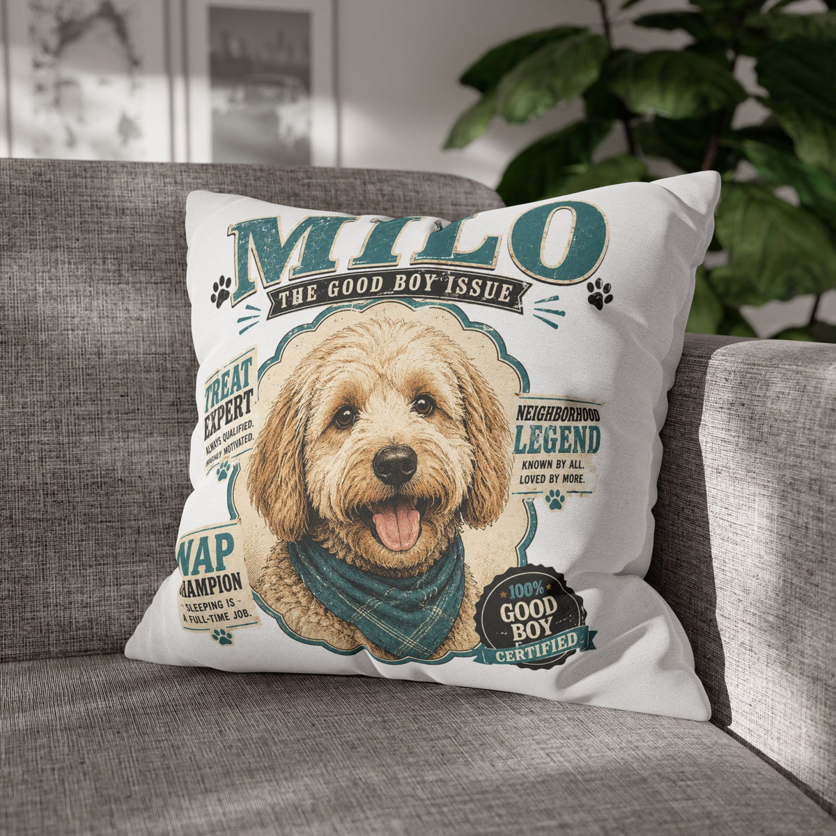 Milo 'The Good Boy Issue' Decorative Dog Pillowcase — Personalized Pet Name Cushion Cover Milo Bailey Dog Dad Mom