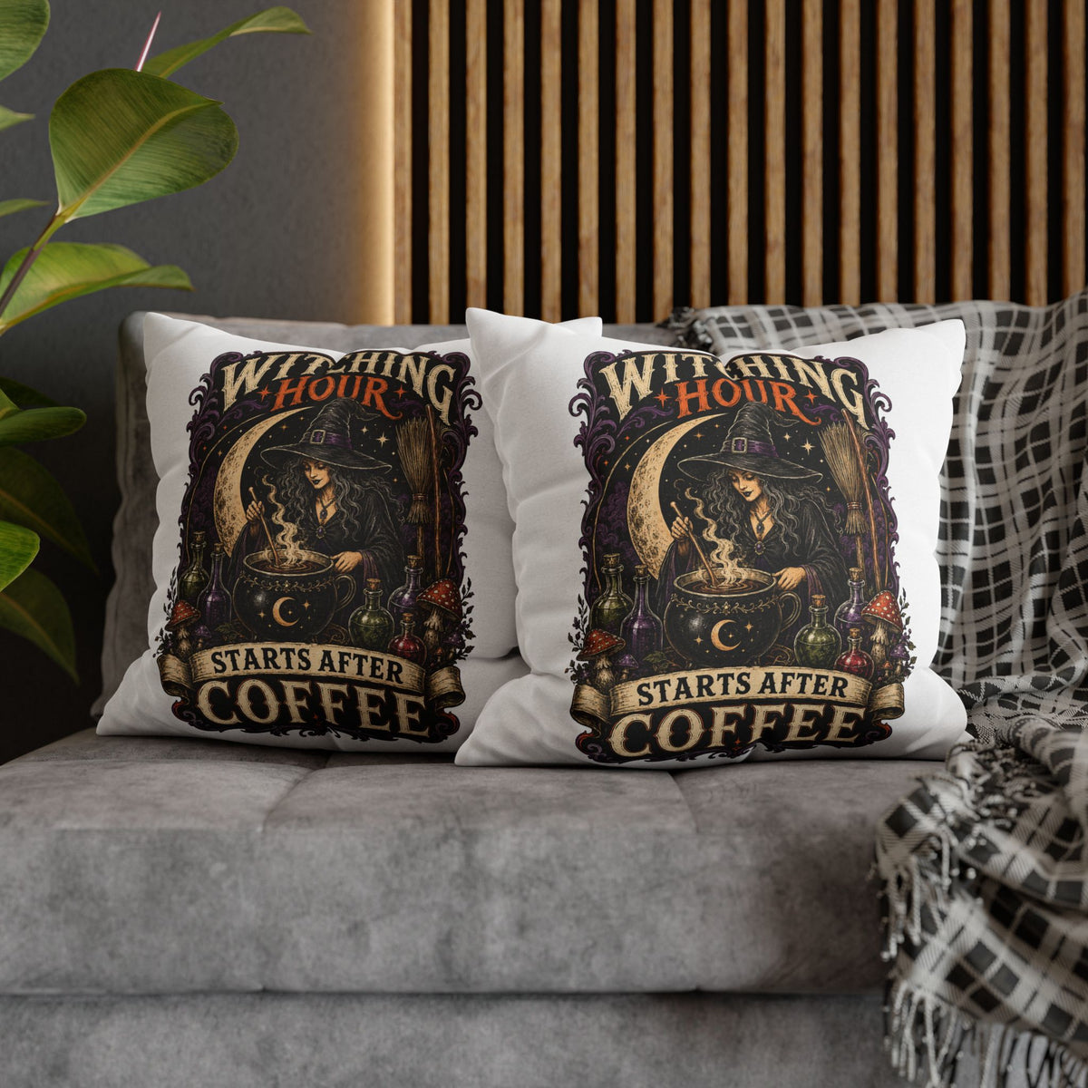 Halloween Witching Hour Pillowcase — "Witching Hour Starts After Coffee" Gothic Witch Decor