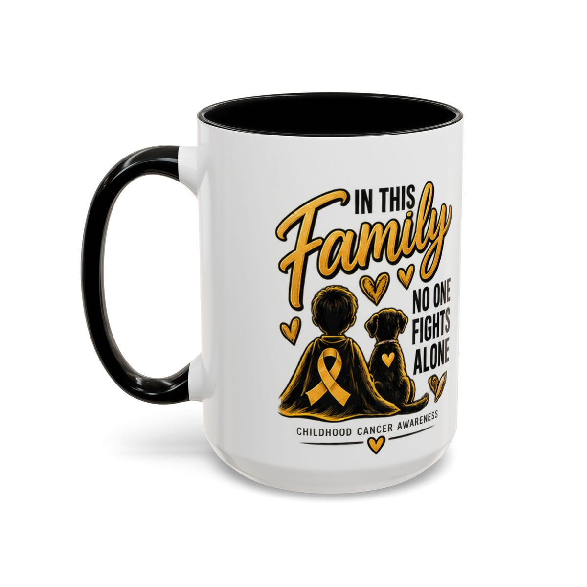 Childhood Cancer Awareness Accent Coffee Mug – "In This Family No One Fights Alone" (11/15oz)