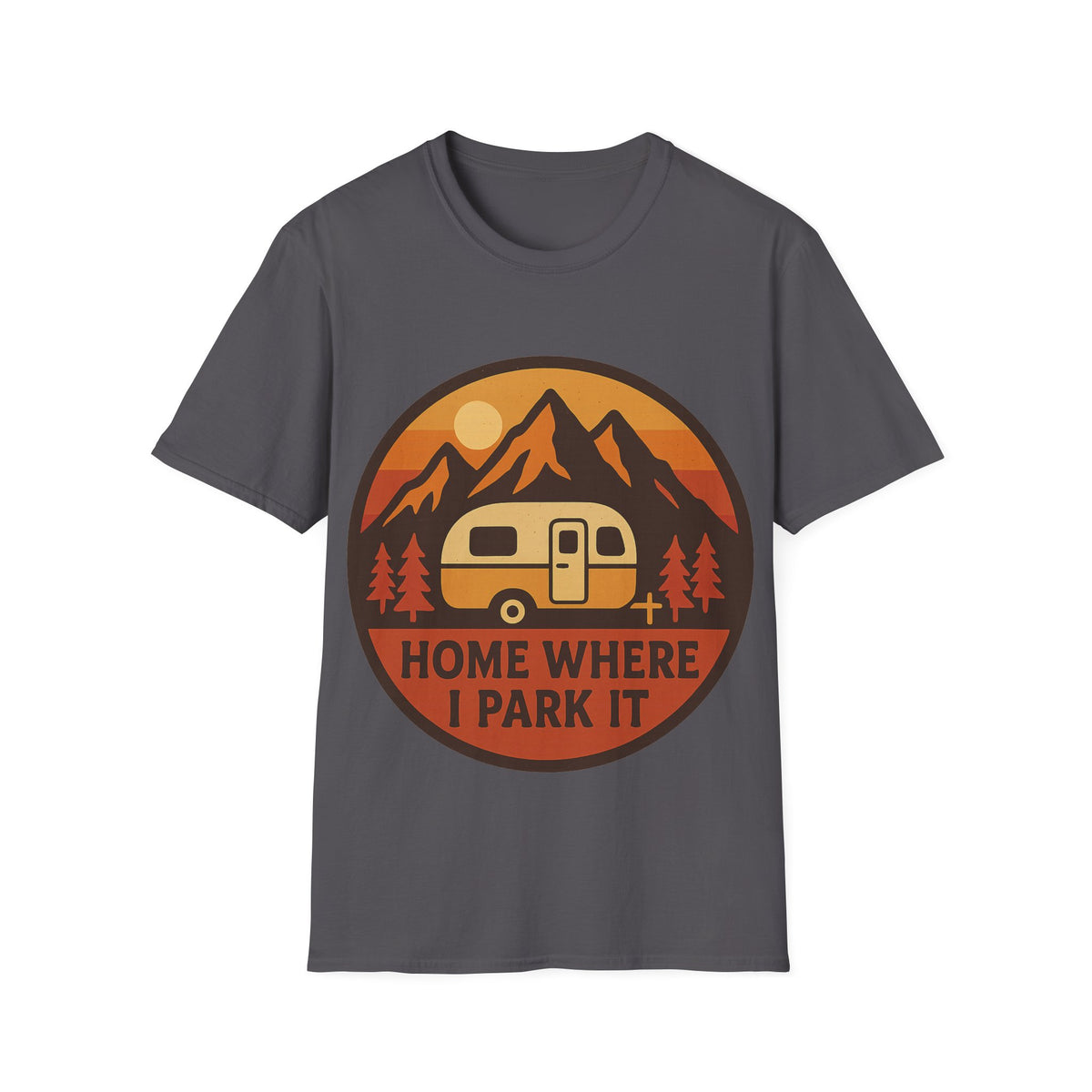 "Home Where I Park It" Vintage Camper Van Graphic Tee - Retro Sunset Mountain White T-Shirt - Trending Now - September 2026