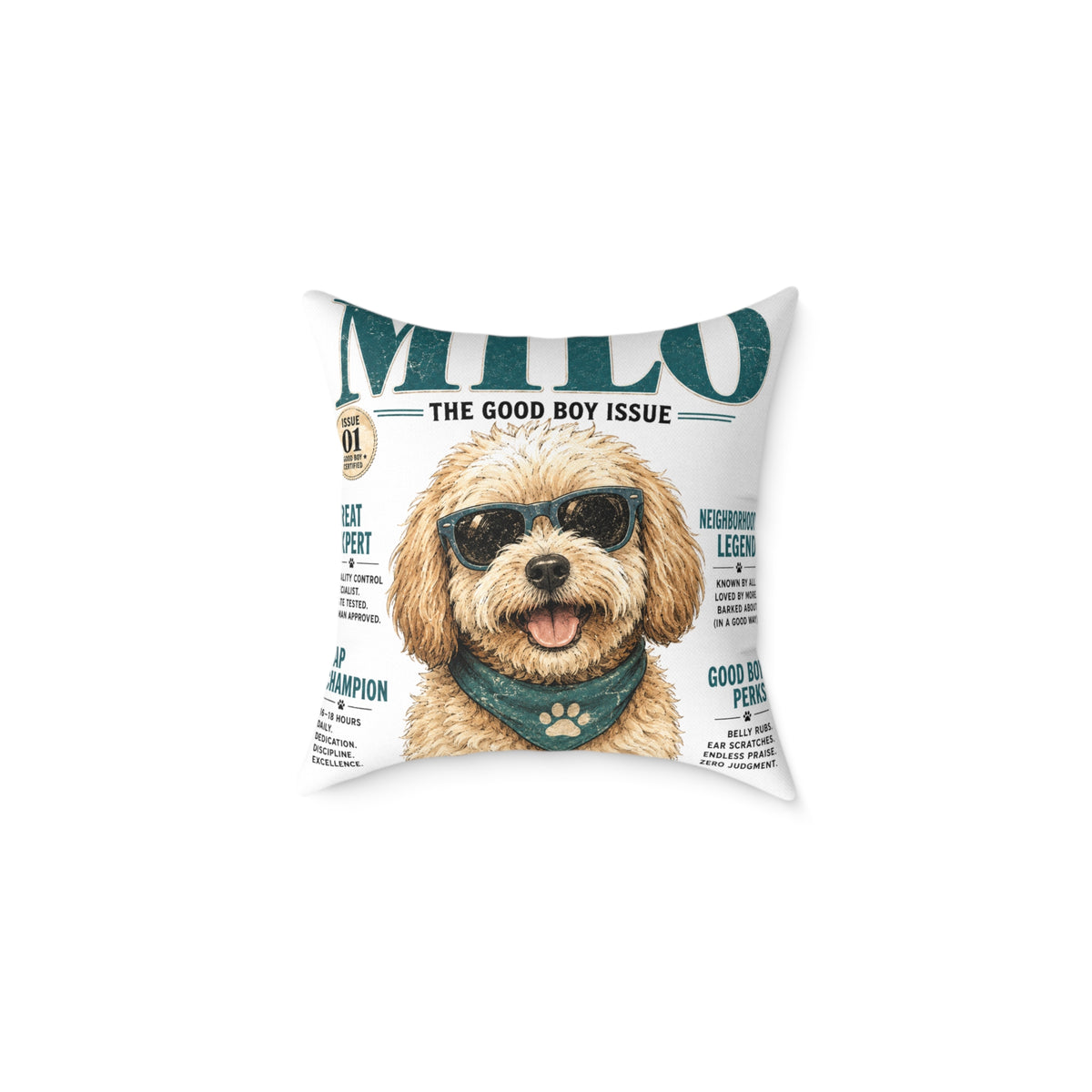 Milo 'The Good Boy Issue' Square Throw Pillow - Milo Bailey Dog Dad Mom Cute Dog Magazine Cover Decor