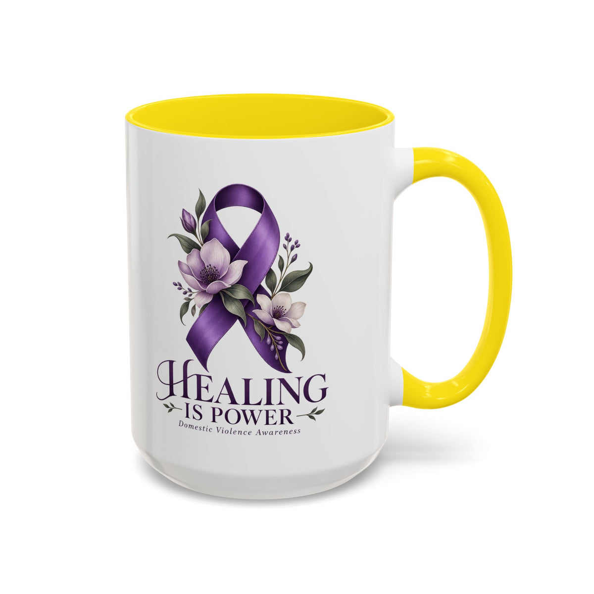 Healing Is Power Purple Ribbon Coffee Mug — Domestic Violence Awareness Accent Mug (11/15oz)