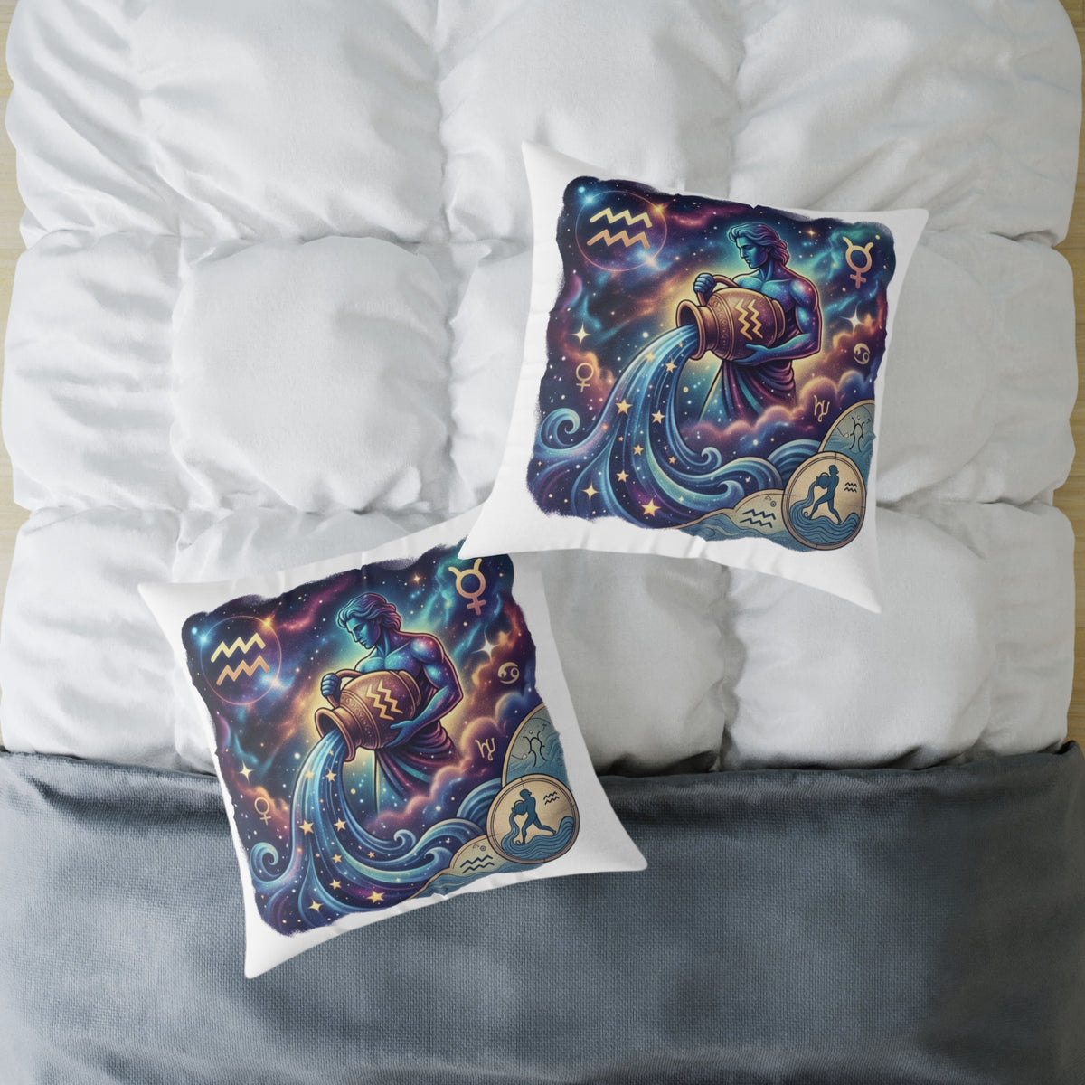 Aquarius Zodiac Pillow – Illustrated Astrological Water Bearer Throw Cushion