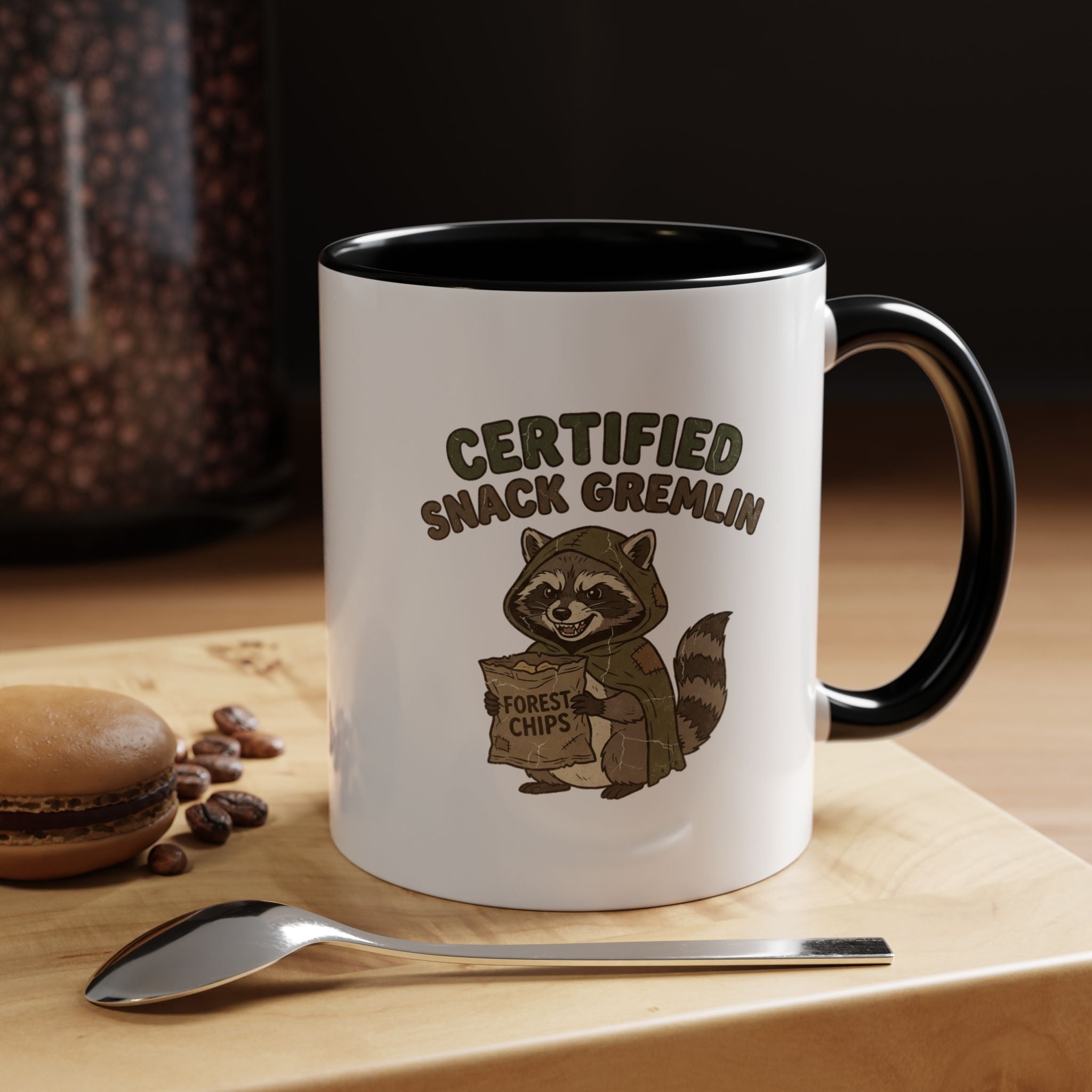Funny Certified Snack Gremlin Coffee Mug — Cute Raccoon Snack Lover Accent Mug