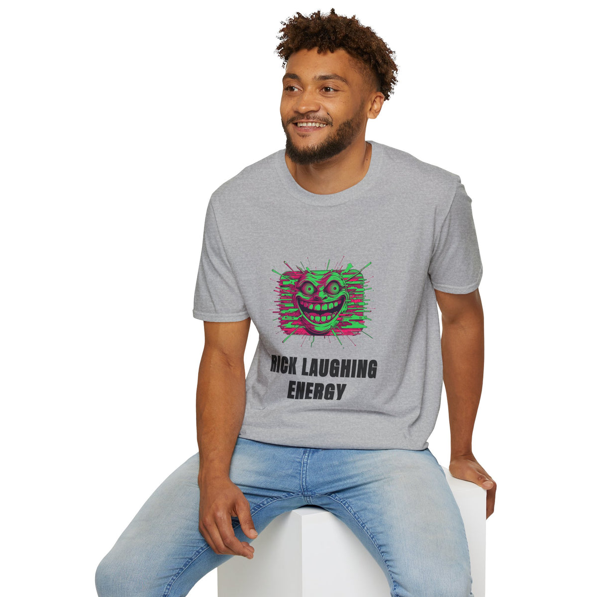 T-Shirt — 'Rick Laughing Energy' Neon Glitch Graphic - Trending Now - August 2026