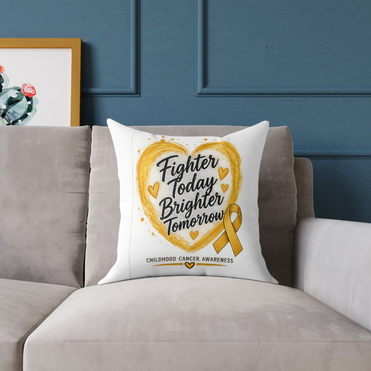 Childhood Cancer Awareness Pillow — "Fighter Today Brighter Tomorrow" Square Throw Pillow