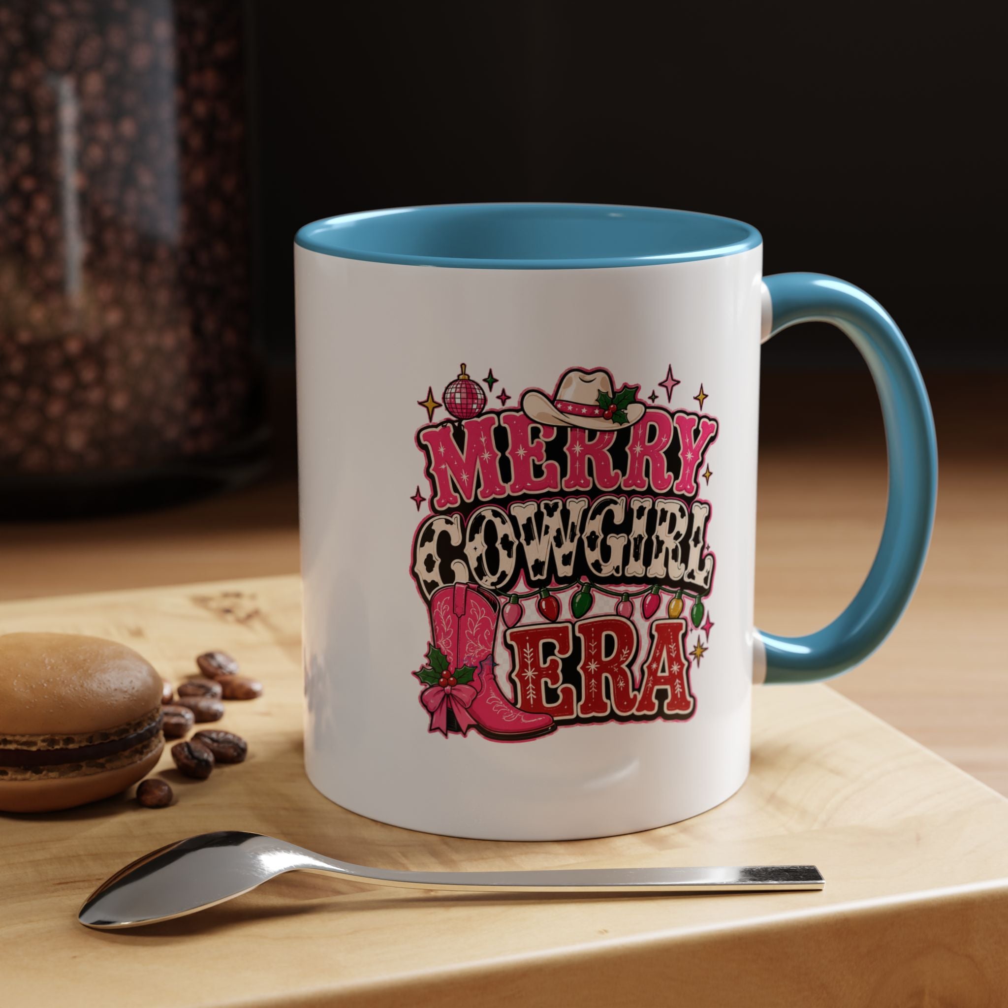 Modern Day Christmas Merry Cowgirl Era Accent Coffee Mug — Festive Pink Western Cowboy Boots & Hat Mug