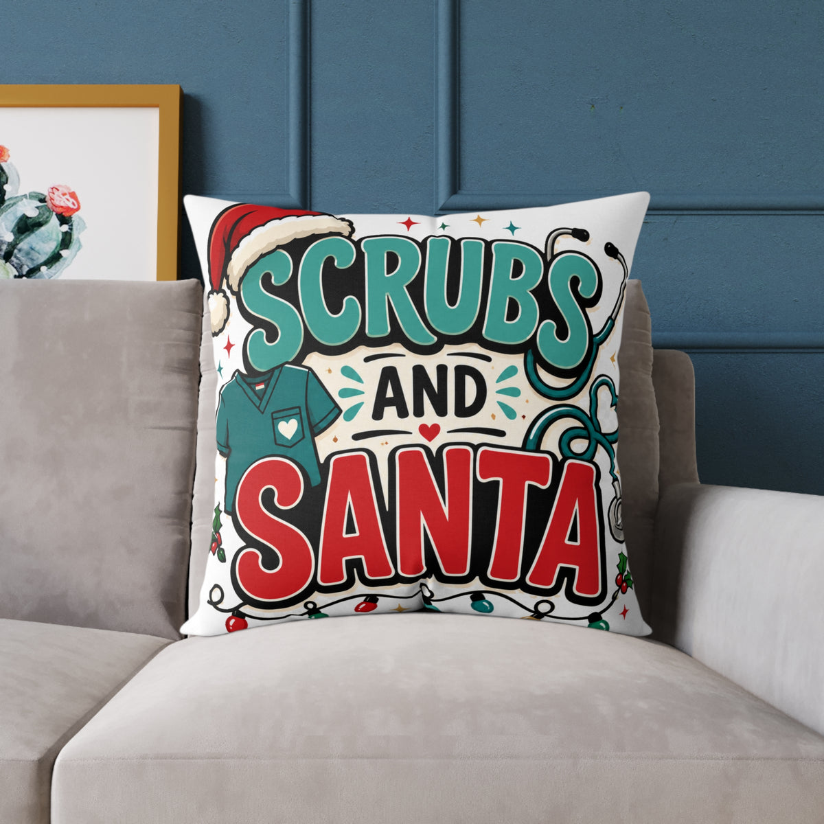 Scrubs and Santa Holiday Modern Day Christmas  Pillow — Christmas Nurse Decorative Cushion