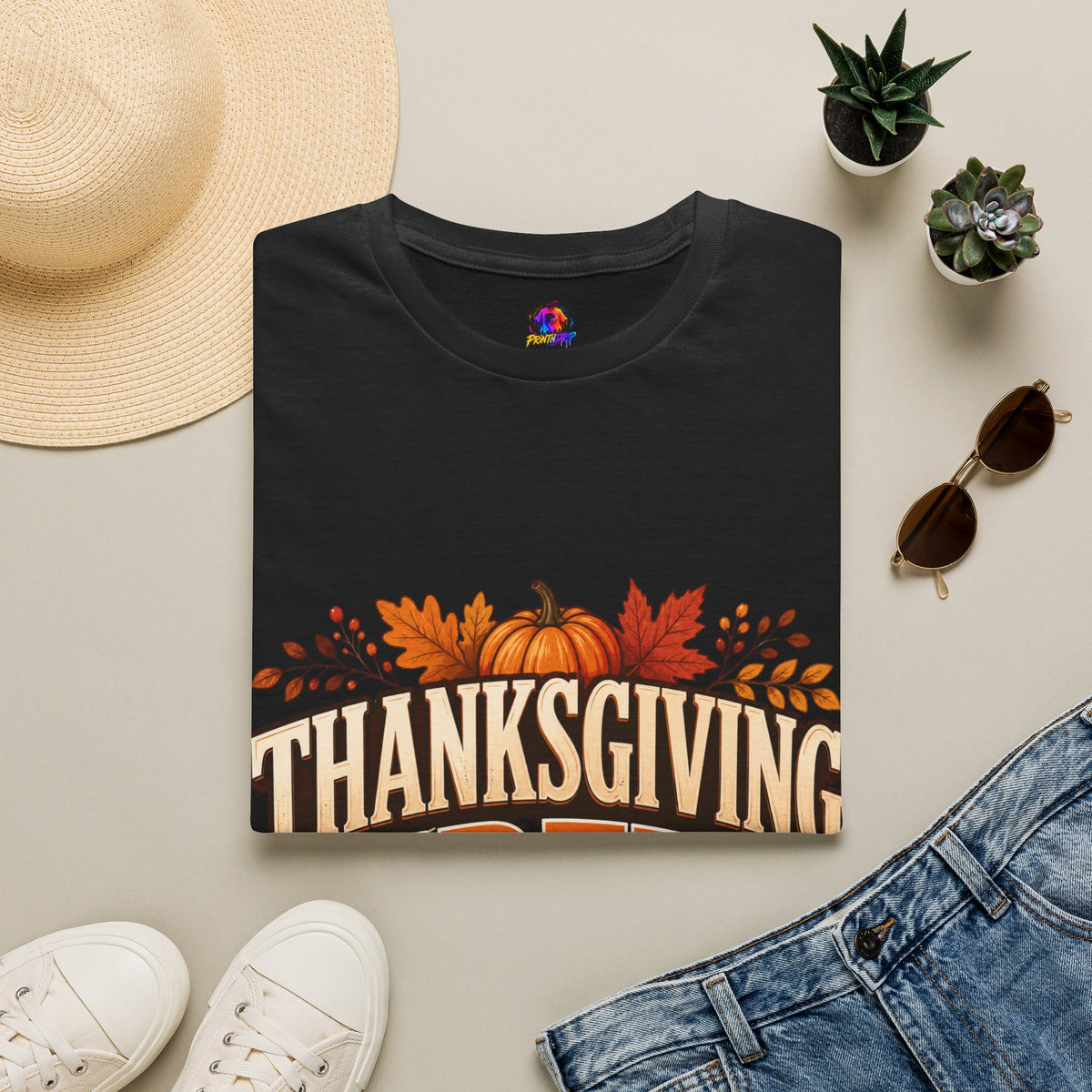 Thanksgiving T-Shirt Crew T-Shirt— Festive Pumpkin & Fall Leaves Holiday Tee