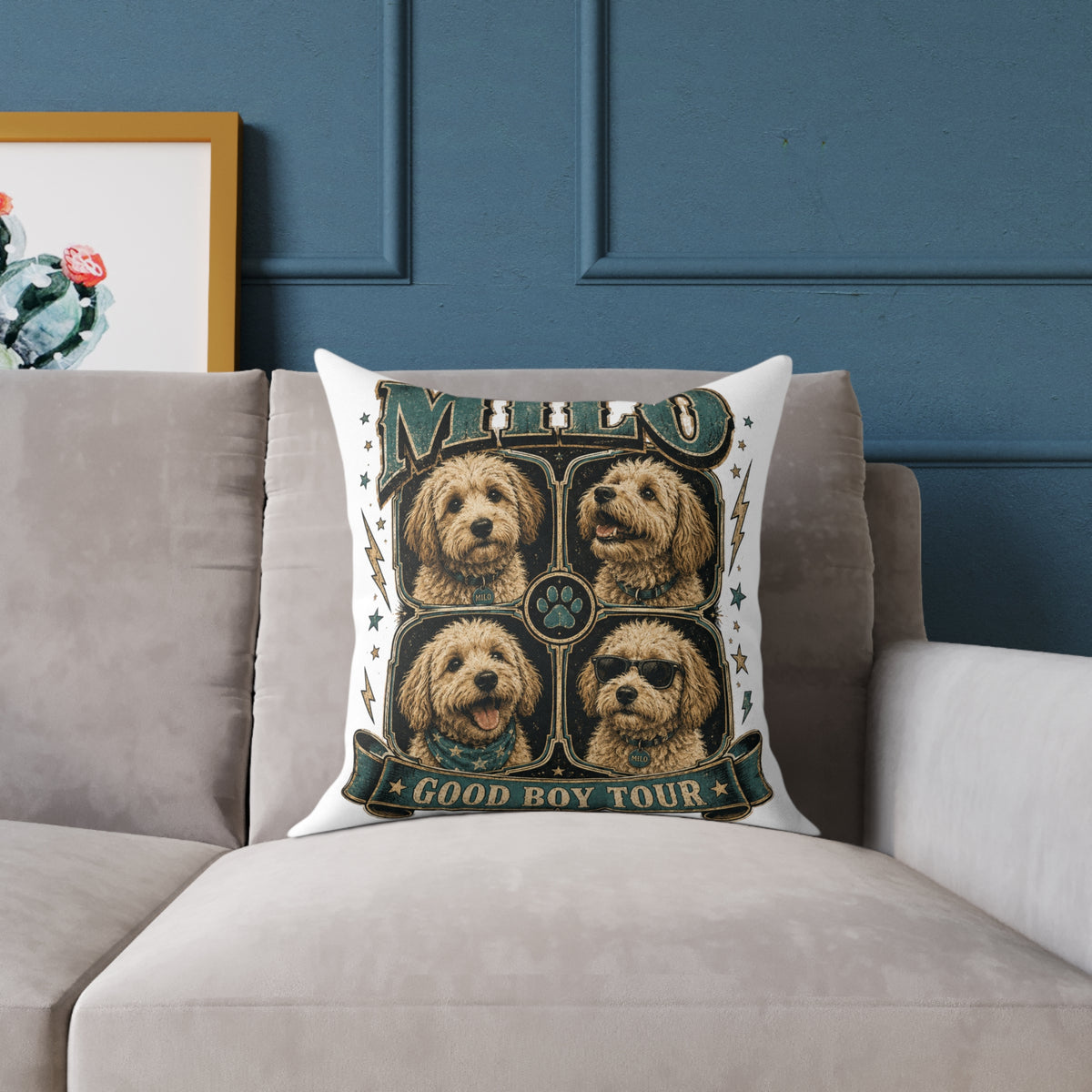 Milo 'Good Boy Tour' Square Canvas Pillow — Dog Portrait Decorative Throw Pillow