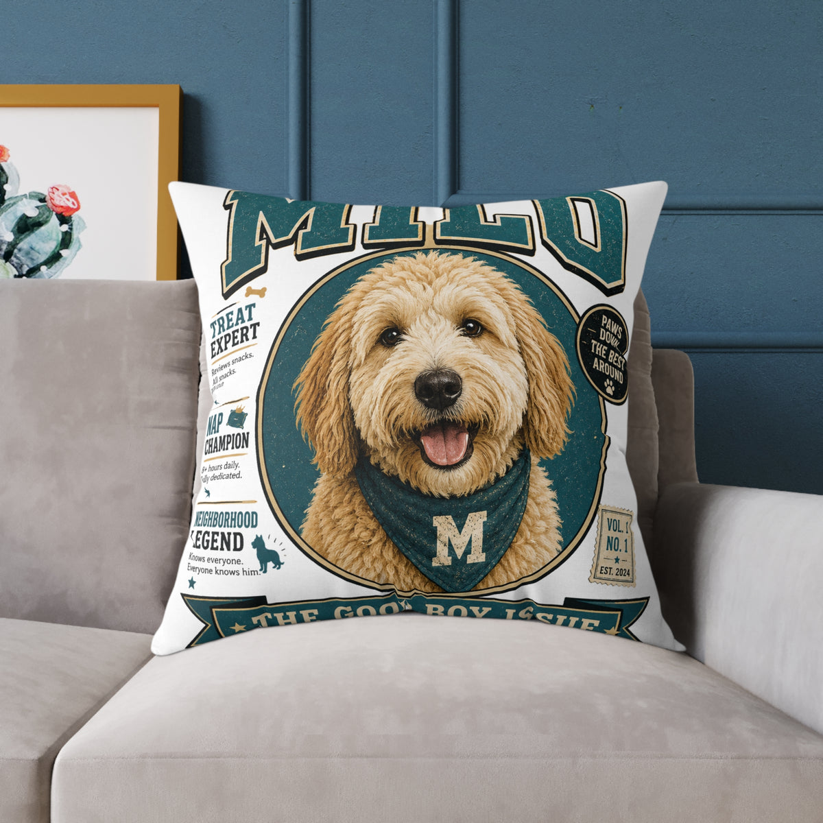 Personalized Dog Portrait Pillow — Milo Bailey Dog Dad Mom  'Milo' Vintage Pet Photo Square Throw Pillow