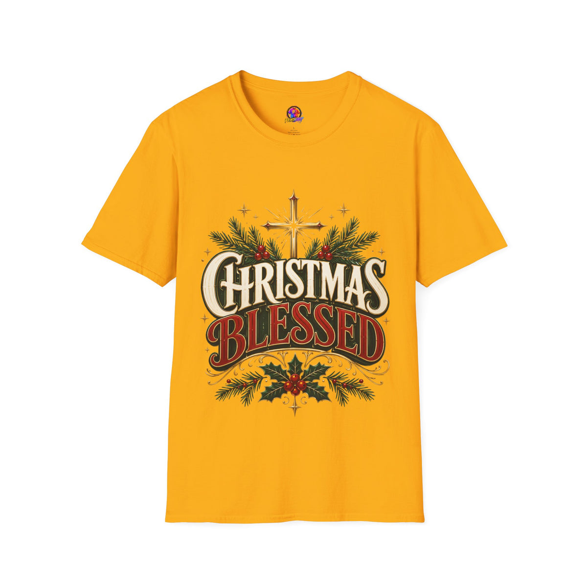Christmas Blessed T-Shirt — Faith-Based Holiday Tee with Cross & Pine Design