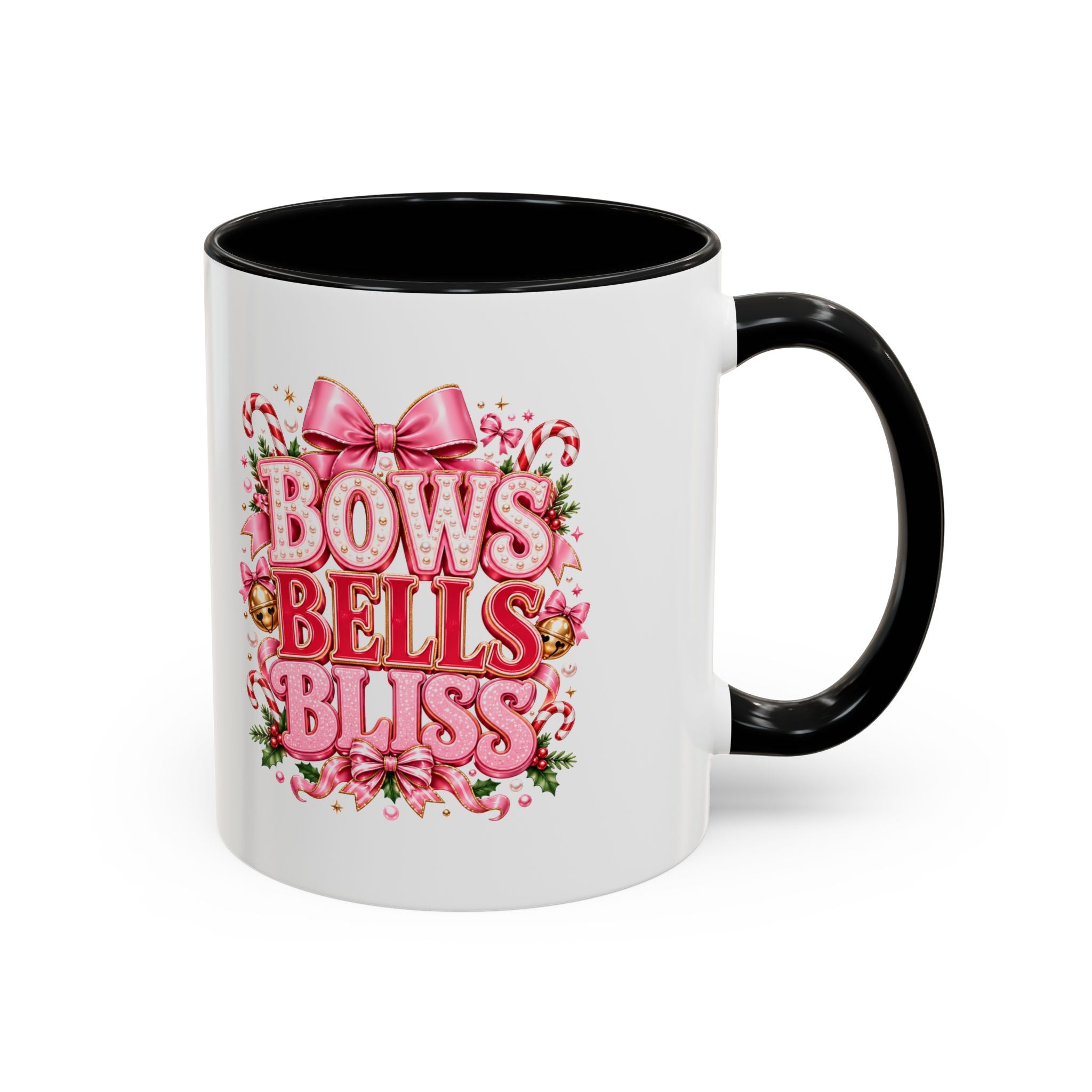 Modern Day Christmas Bows Bells Bliss Coffee Mug — Pink Holiday Accent Mug