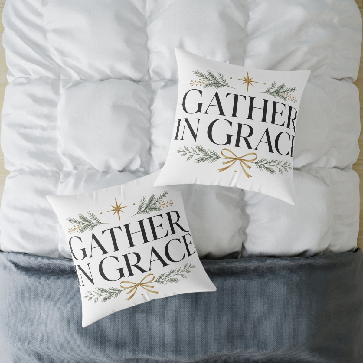 Christmas Gather in Grace Holiday Pillow - Square Poly Canvas Throw Pillow