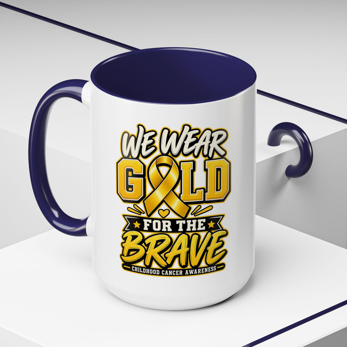 Childhood Cancer Awareness Accent Coffee Mug – "We Wear Gold for the Brave" (11/15 oz)