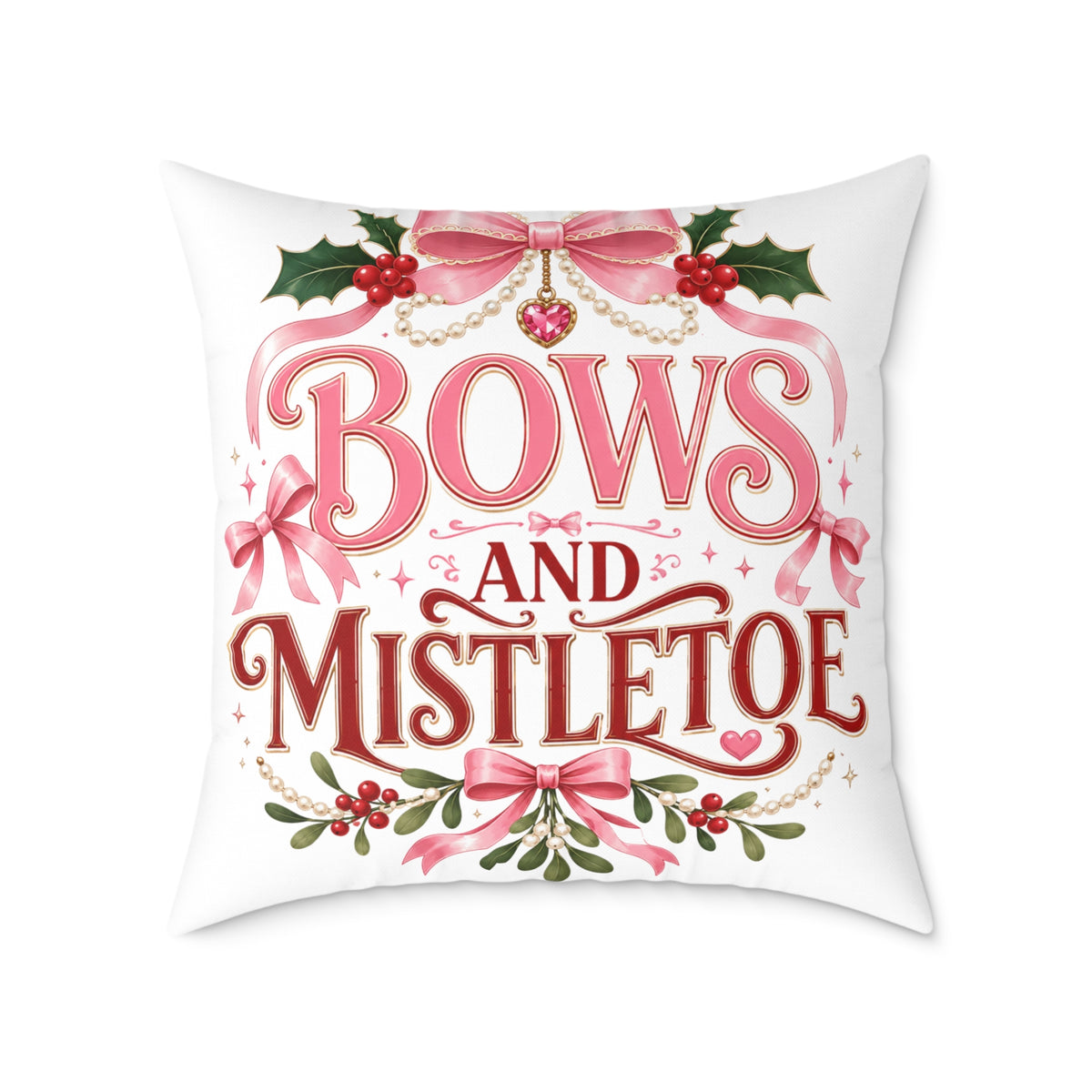 Christmas Bows And Mistletoe Square Poly Canvas Pillow