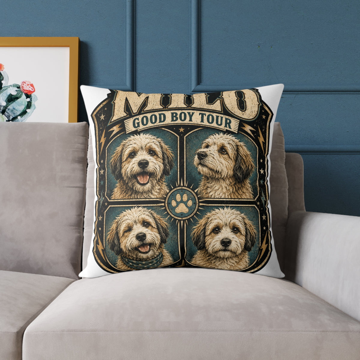 Dog Portrait Pillow - "Good Boy Tour" Vintage Puppy Square Throw Pillow  Milo Bailey Dog Dad Mom