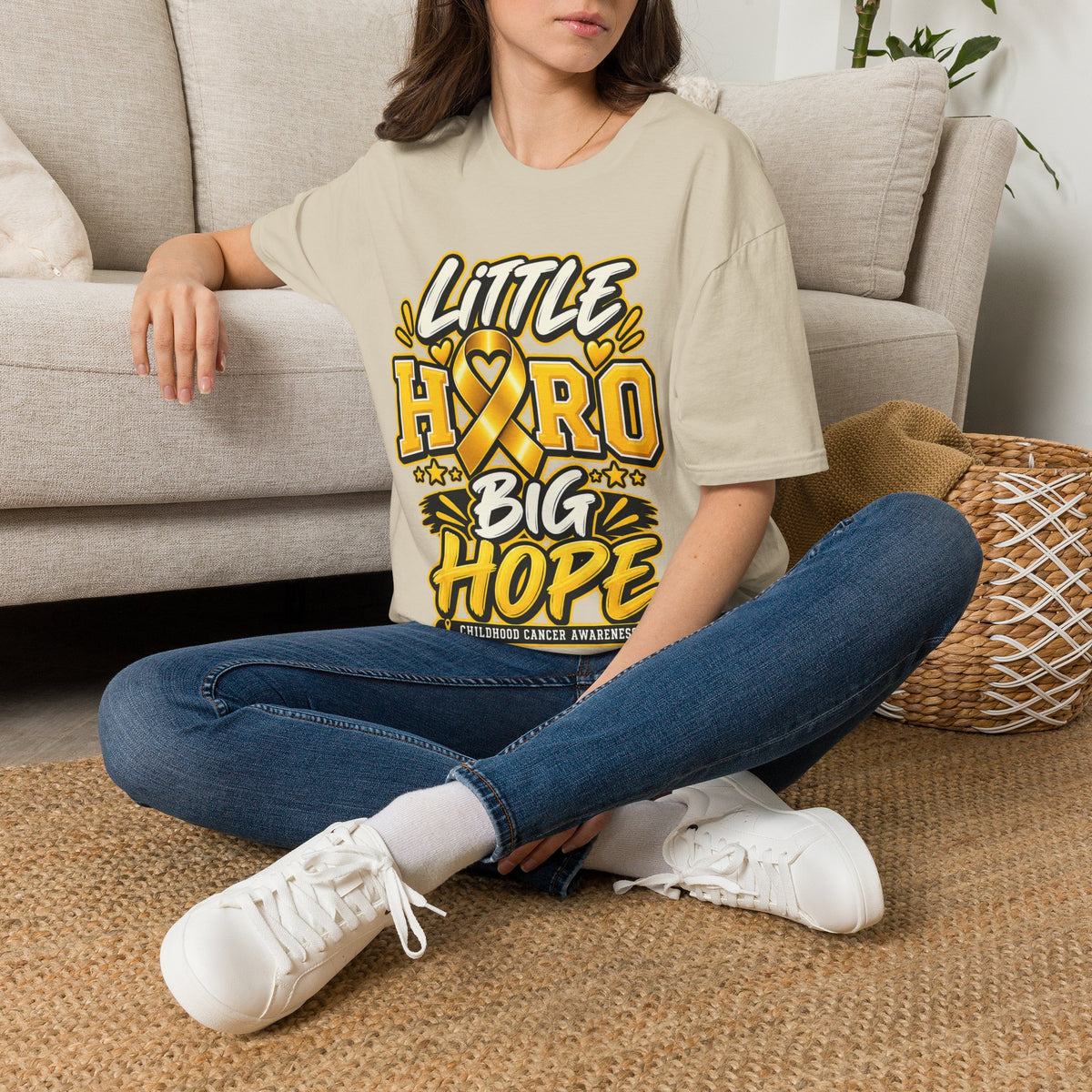 Kids Childhood Cancer Awareness T-Shirt — "Little Hero Big Hope" Gold Ribbon