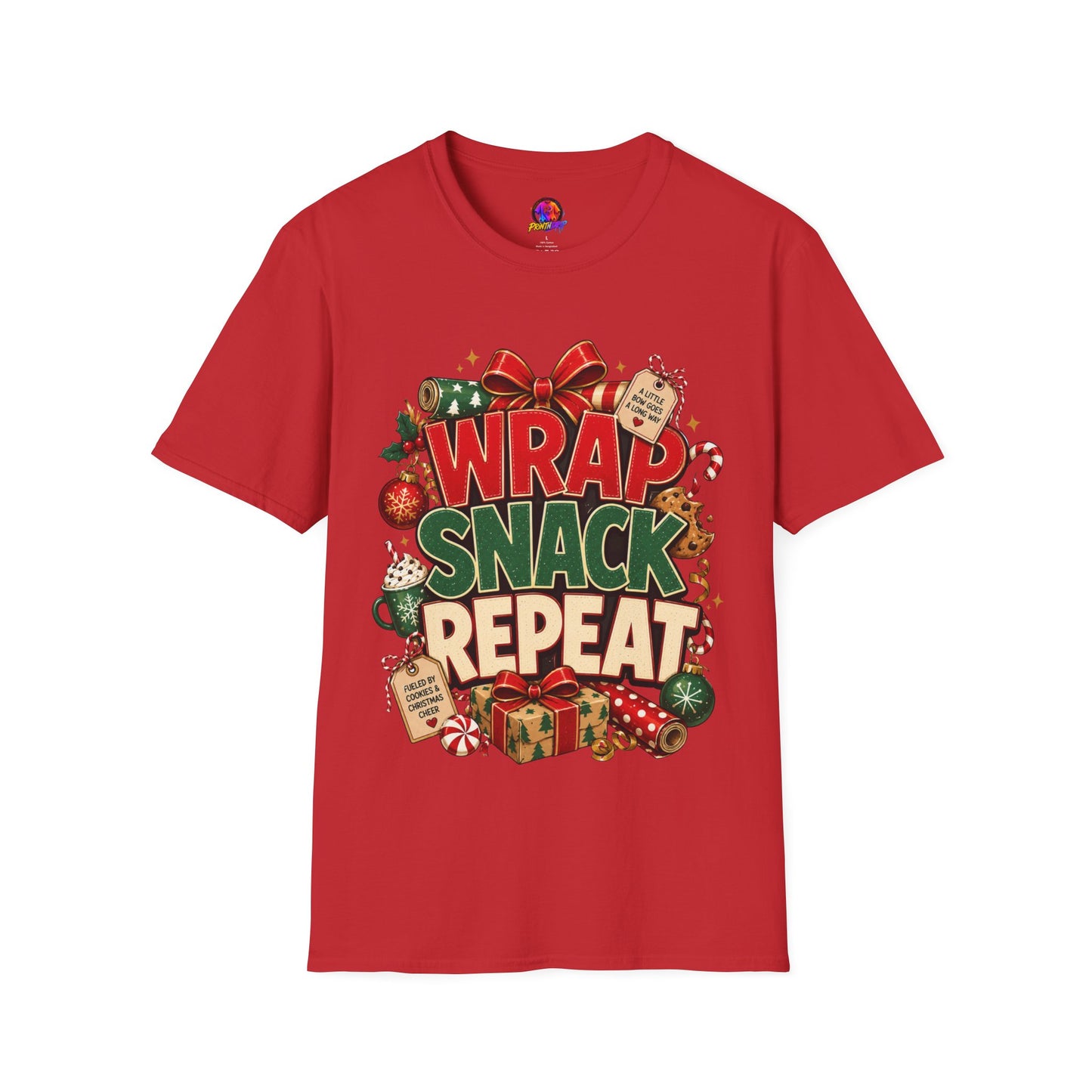 T-Shirt — "Wrap Snack Repeat" Christmas Graphic Tee