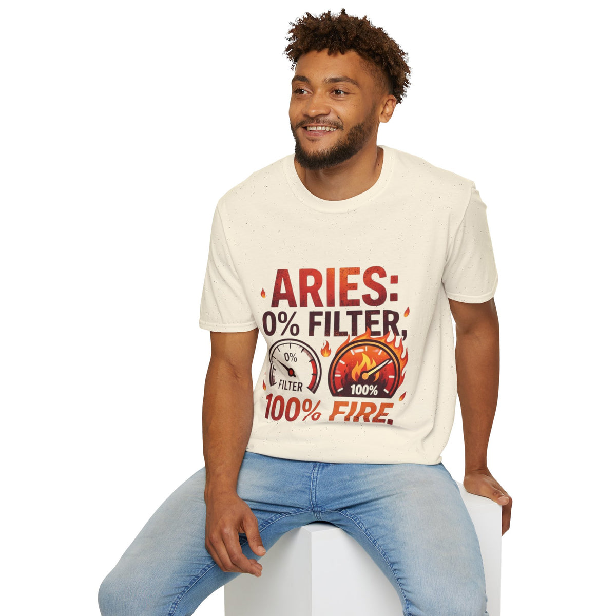 Aries T-Shirt — "Aries: 0% Filter, 100% Fire" Bold Zodiac Tee