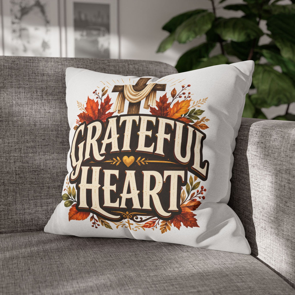 Thanksgiving Grateful Heart Throw Pillow — Autumn Cross Faith Decorative Pillowcase