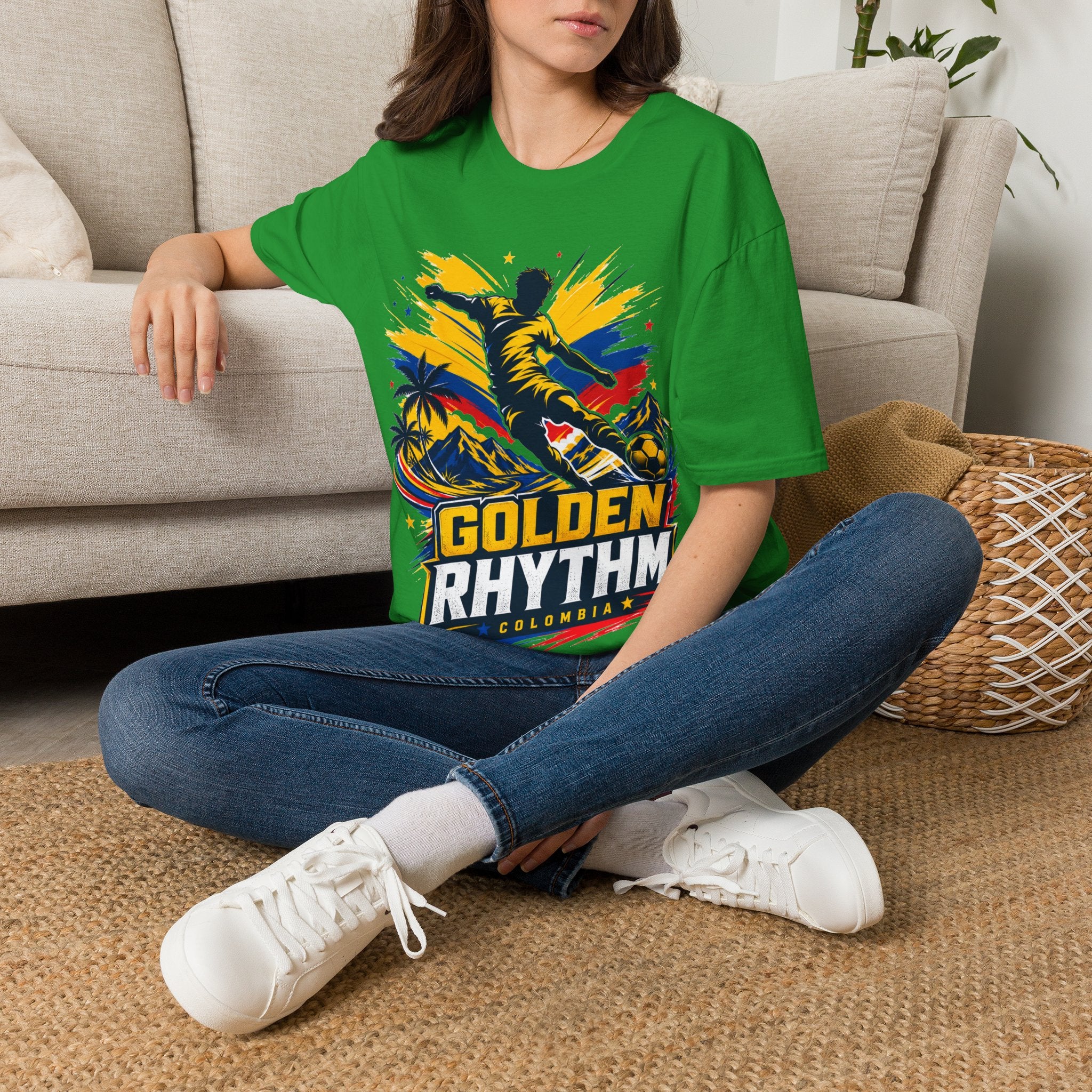 Columbia Soccer Player Graphic T-Shirt — "Golden Rhythm" Vibrant Beach Soccer Tee