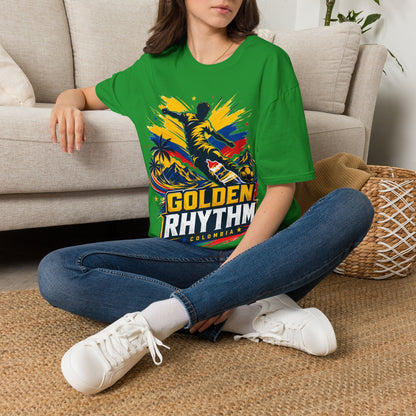 Columbia Soccer Player Graphic T-Shirt — "Golden Rhythm" Vibrant Beach Soccer Tee