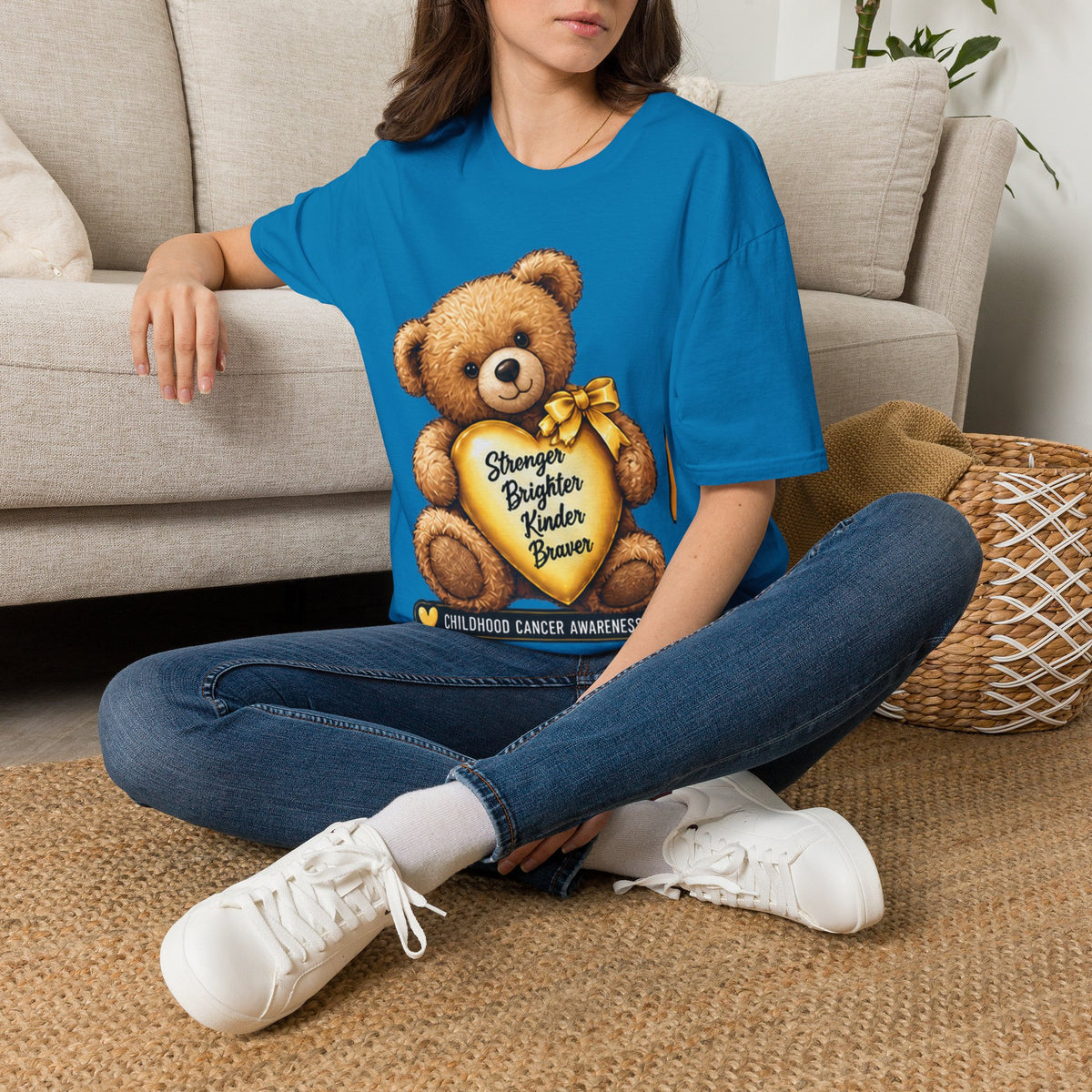 Childhood Cancer Awareness Teddy T-Shirt — "Stronger Brighter Kinder Braver"