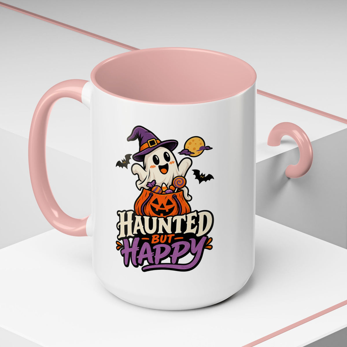 Haunted But Happy Coffee Mug — Halloween Ghost Pumpkin Accent Mug (11/15oz)