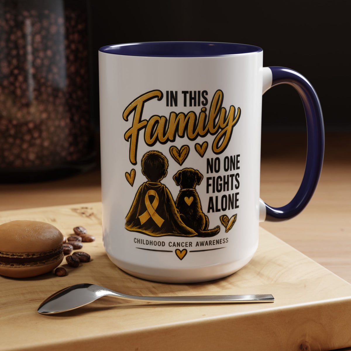 Childhood Cancer Awareness Accent Coffee Mug – "In This Family No One Fights Alone" (11/15oz)
