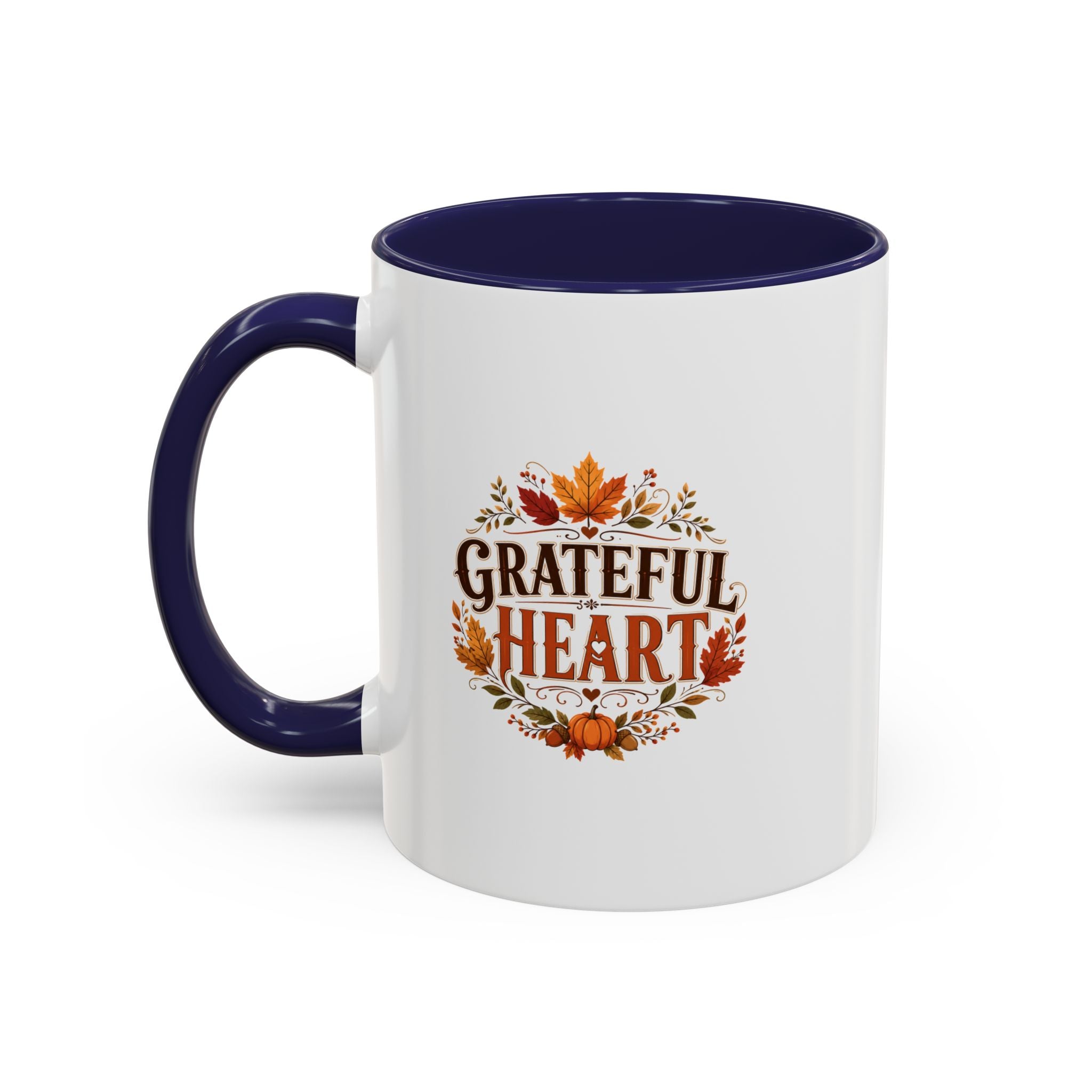 Thanksgiving Mug Grateful Heart Coffee Mug — Fall Leaves Pumpkin Accent Mug