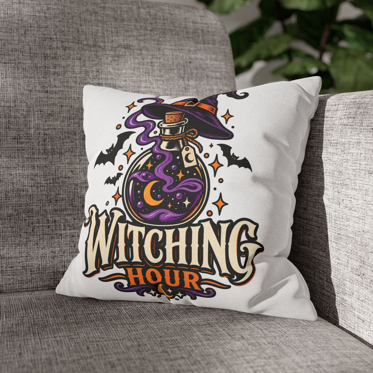 Witching Hour Square Pillowcase – Halloween Potion Witch Hat Throw Pillow Cover