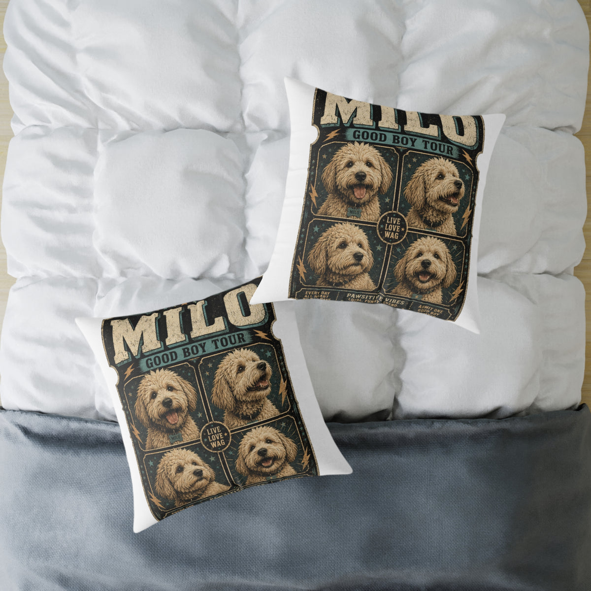 Milo "Good Boy Tour" Dog Photo Square Pillow  Milo Bailey Dog Dad Mom — Cute Pet Portrait Throw Pillow