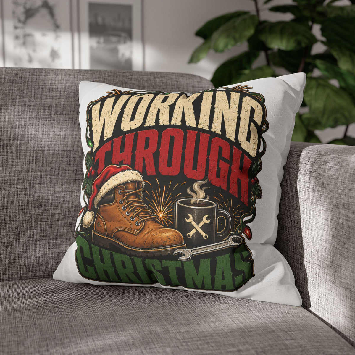 Christmas Work Boots Pillowcase Modern Day Christmas  – "Working Through Christmas" Holiday Throw Pillow Cover