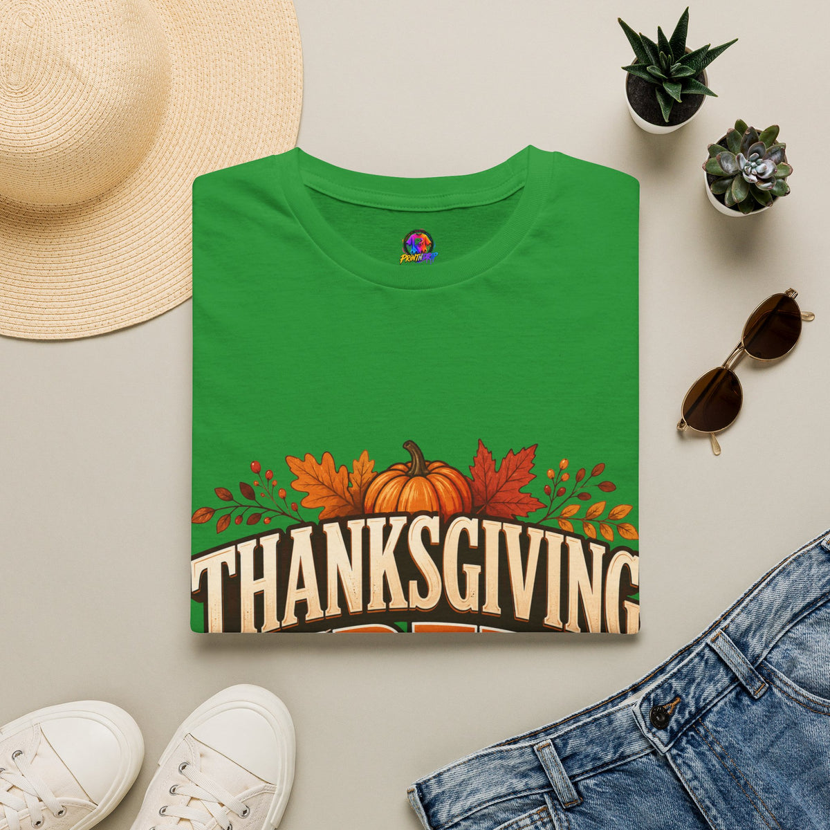 Thanksgiving T-Shirt Crew T-Shirt— Festive Pumpkin & Fall Leaves Holiday Tee
