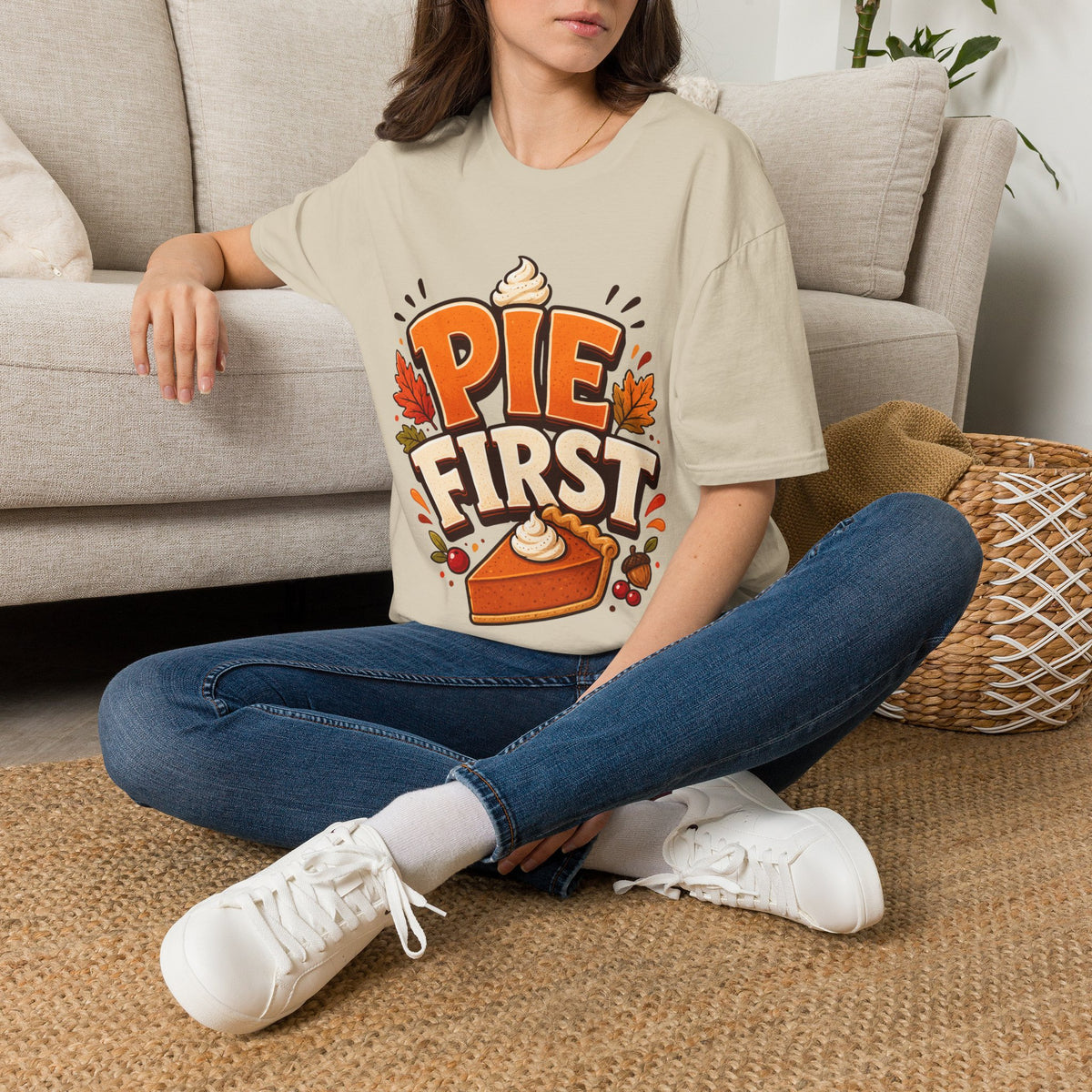 Thanksgiving T-Shirt Pie First T-Shirt — Funny Thanksgiving Pumpkin Pie Graphic Tee
