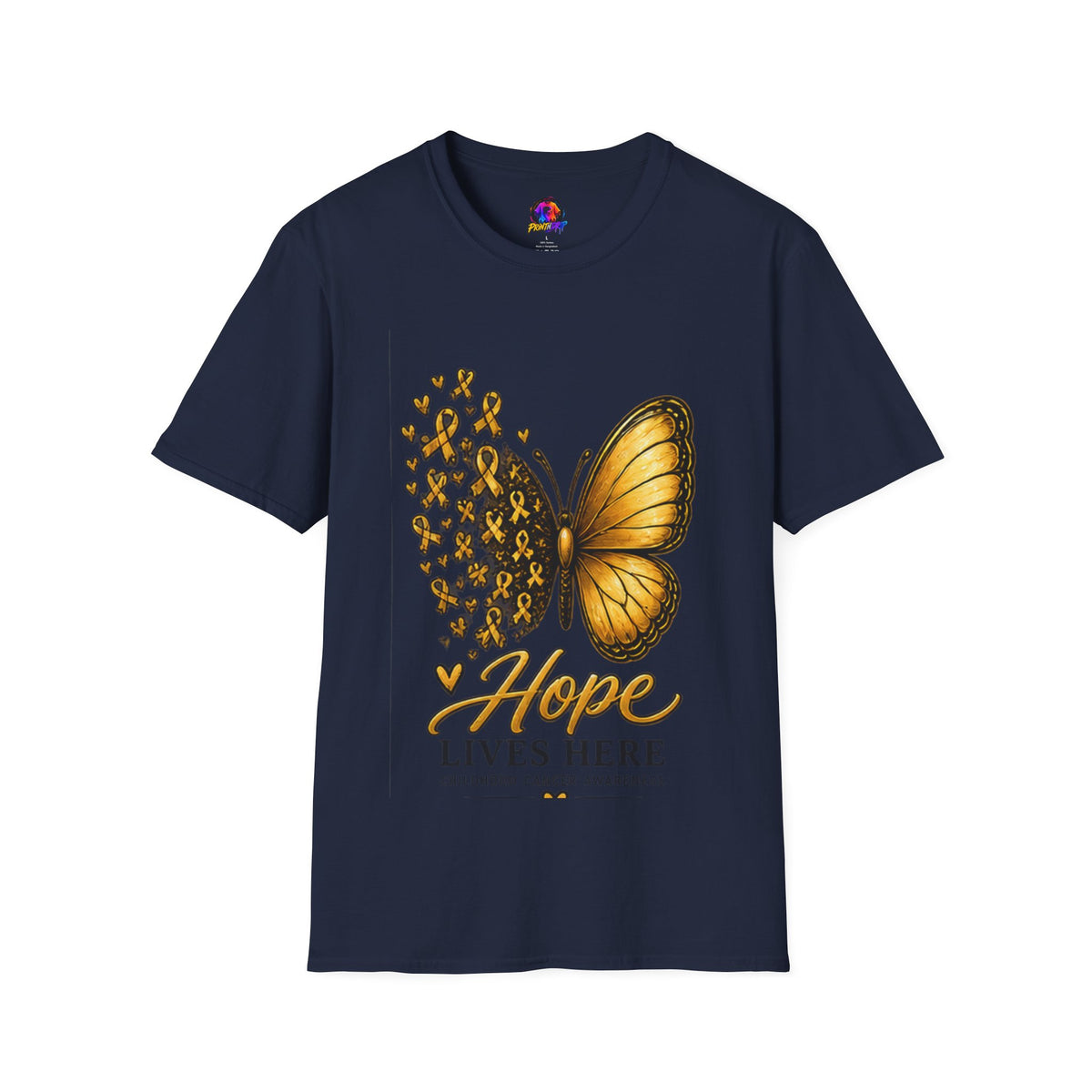 Hope Lives Here Gold Ribbon Butterfly Childhood Cancer Awareness T-Shirt