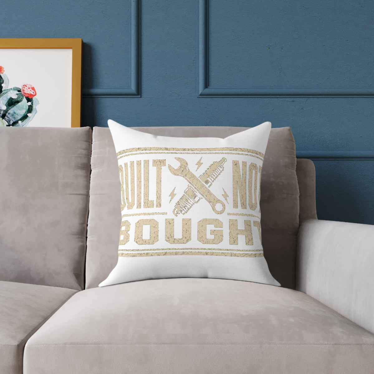 Built Not Bought Throw Pillow Milo Bailey Dog Dad Mom— Rustic DIY Mechanic Accent Cushion