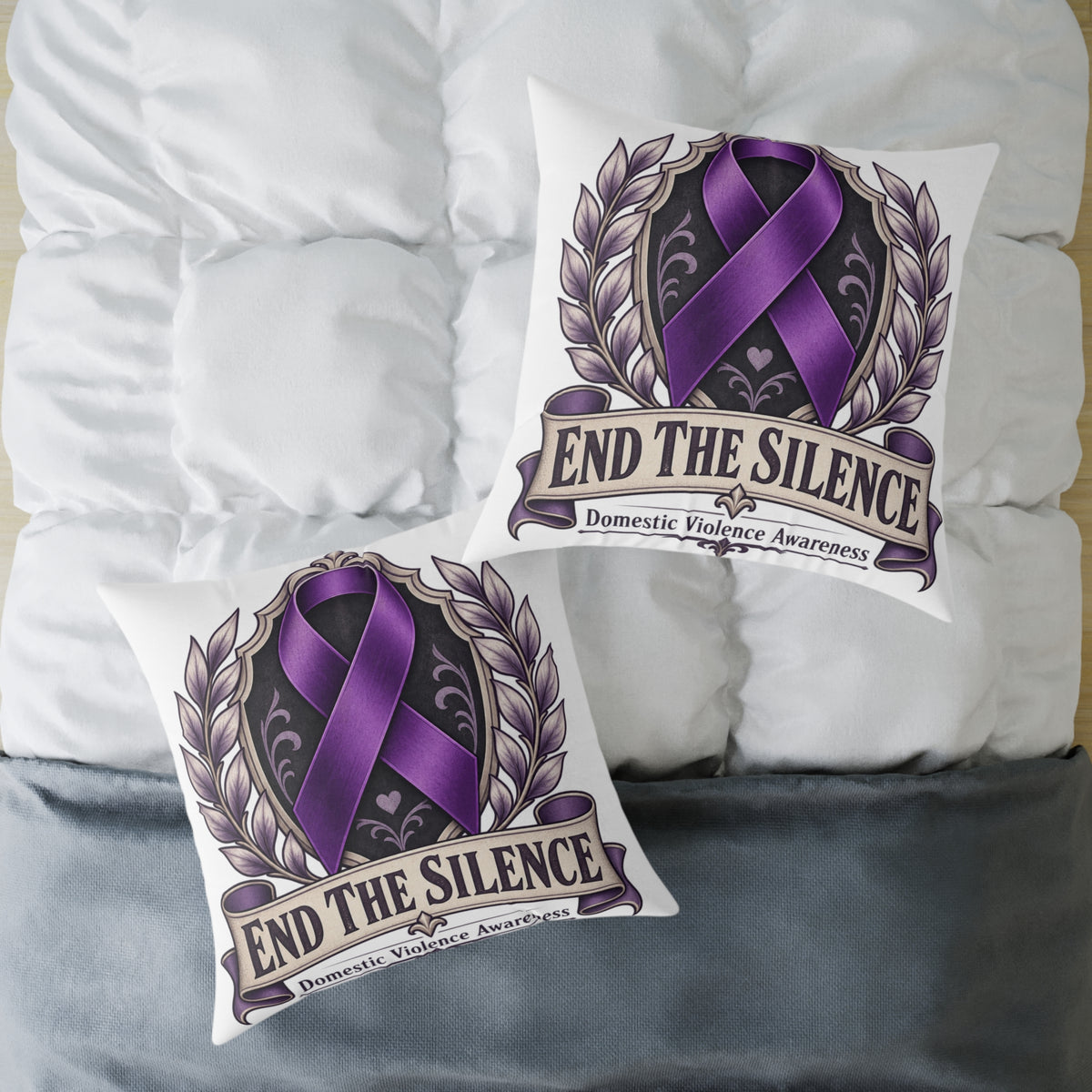 End the Silence Purple Ribbon Square Pillow - Domestic Violence Awareness Throw Pillow