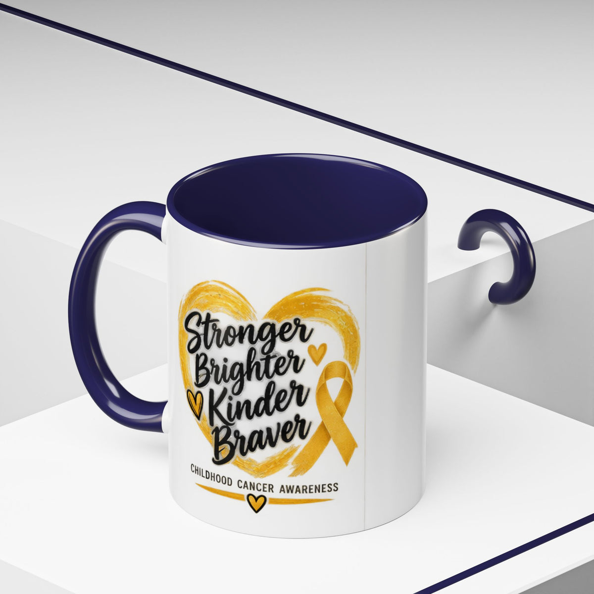 Childhood Cancer Awareness Accent Coffee Mug — "Stronger Brighter Kinder Braver"