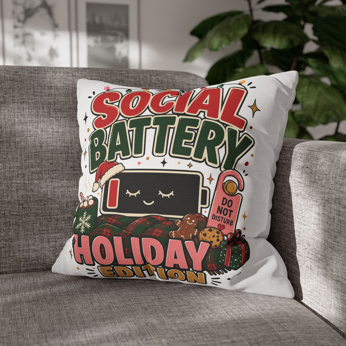 Social Battery Holiday Pillowcase  Modern Day Christmas — Cute Rechargeable Battery Christmas Throw Pillow Cover