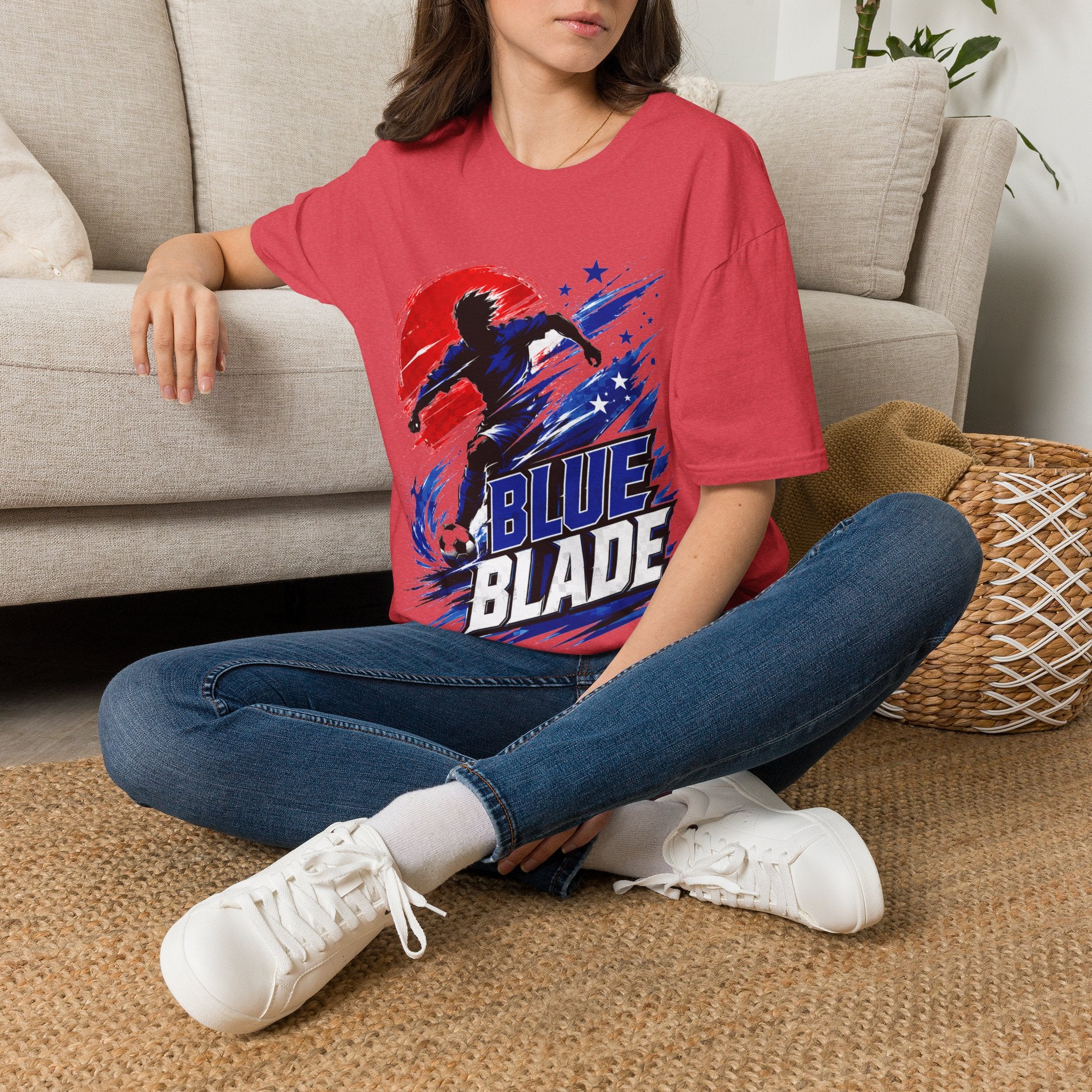 Japan T-Shirt — Blue Blade Soccer Graphic Tee (Red & Blue Starburst)
