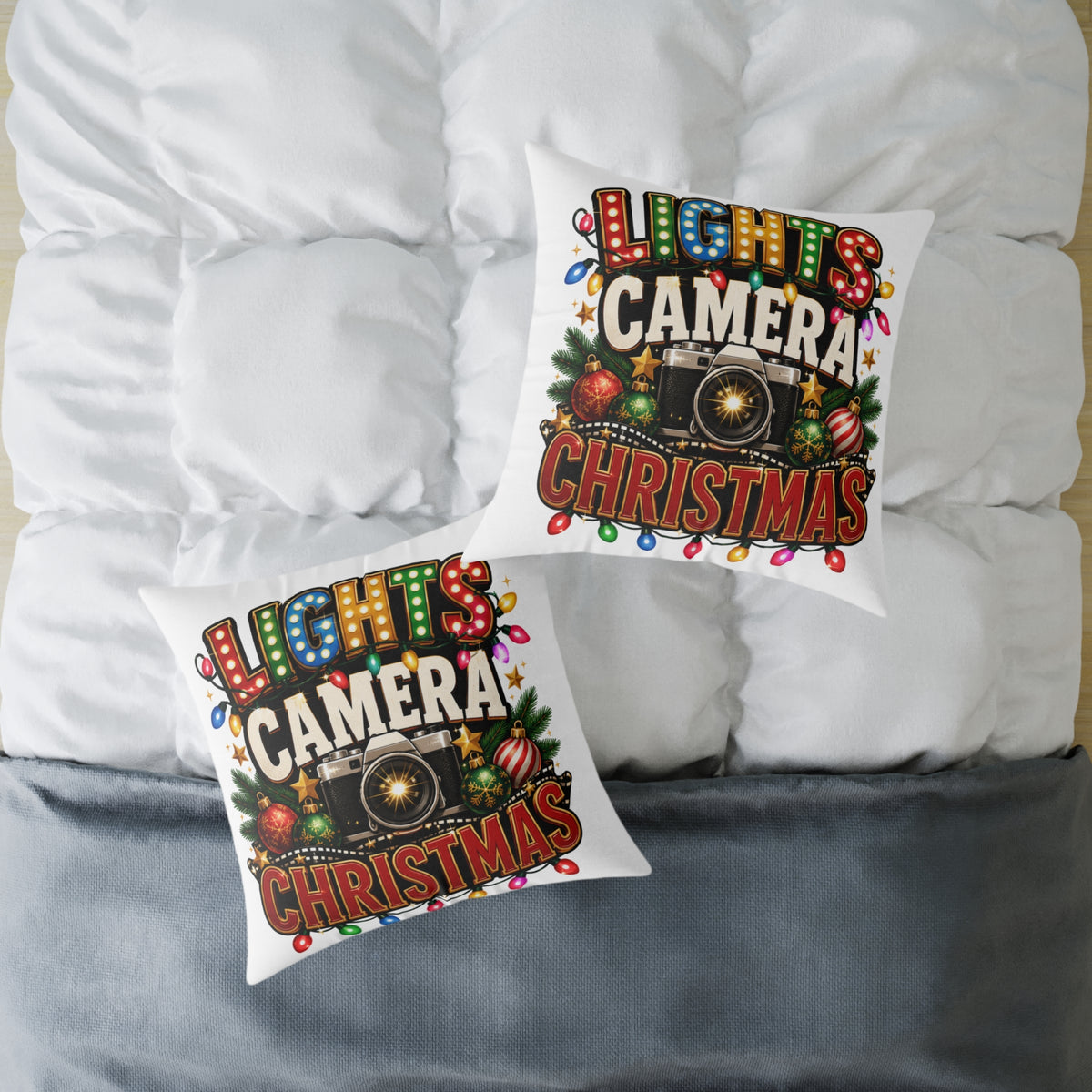 Christmas Photo Pillow - "Lights Camera Christmas" Decorative Square Throw Pillow