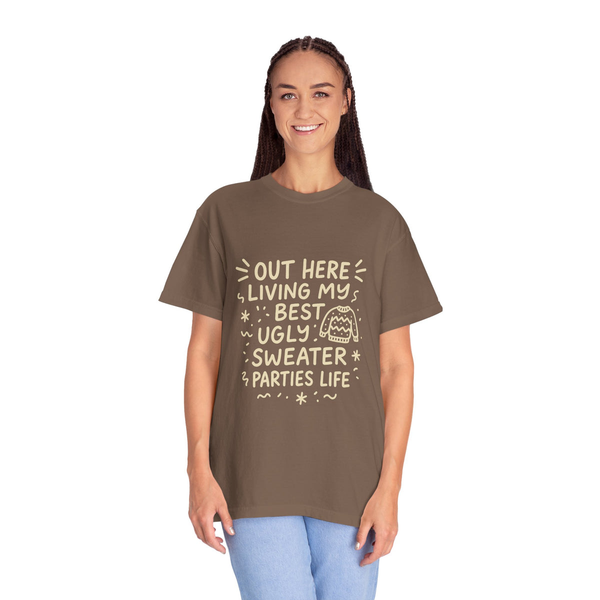 Out Here Living My Best Ugly Sweater Parties Life T-Shirt - Trending Now - October 2026